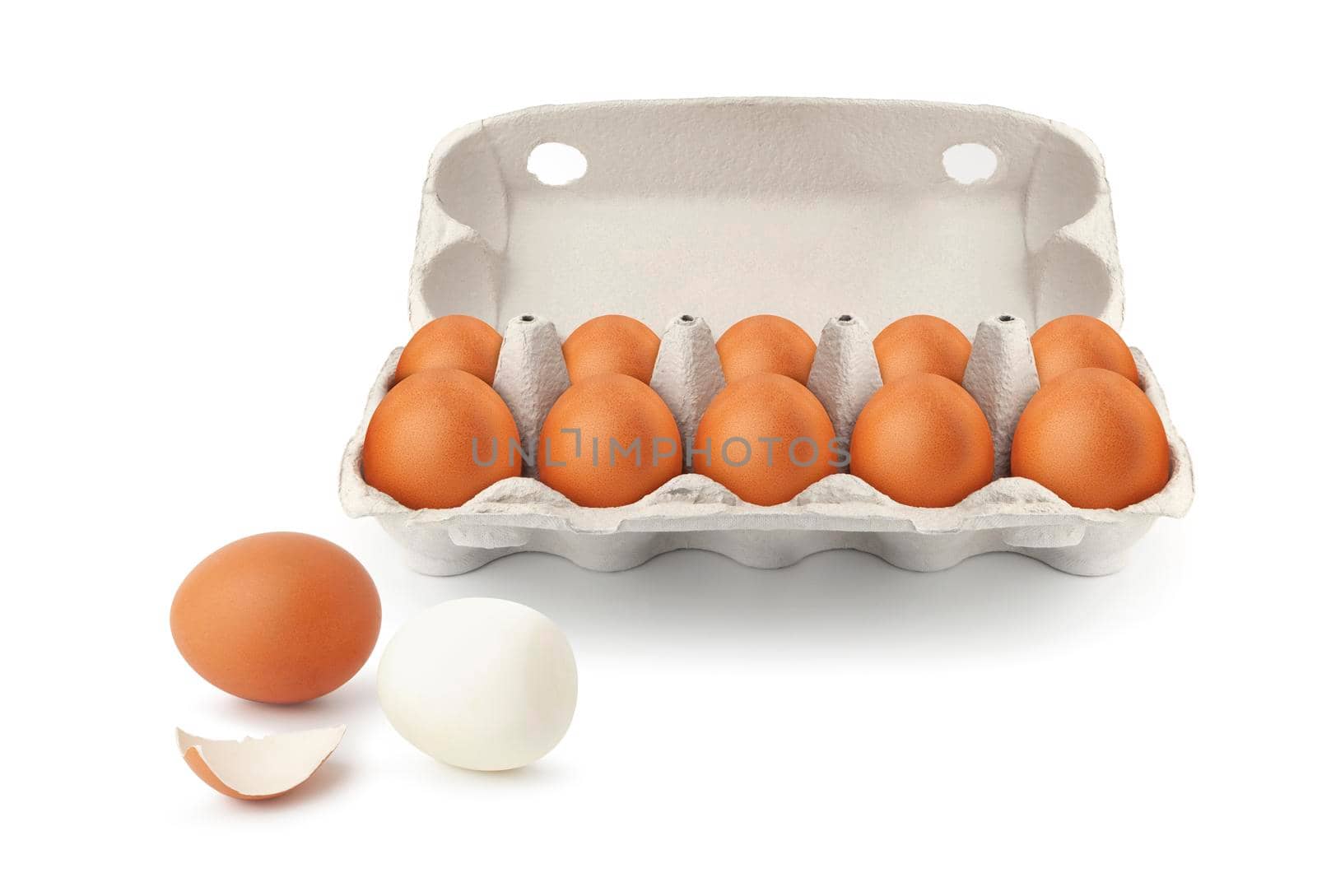 Open egg box with ten brown eggs isolated on white background by SlayCer