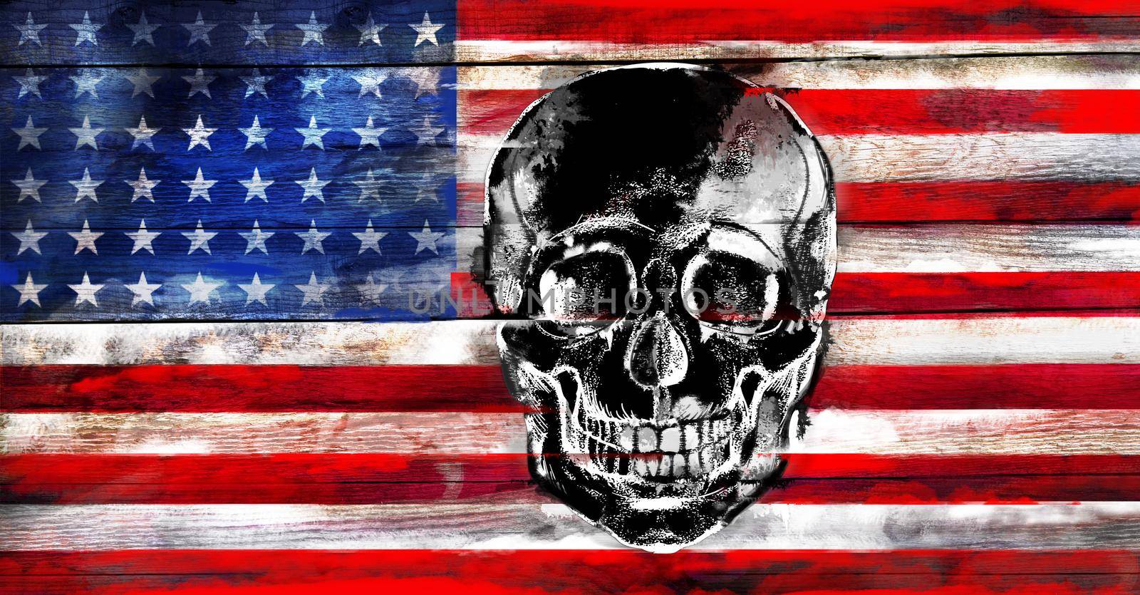 American flag with a human skull on a wood surface background.