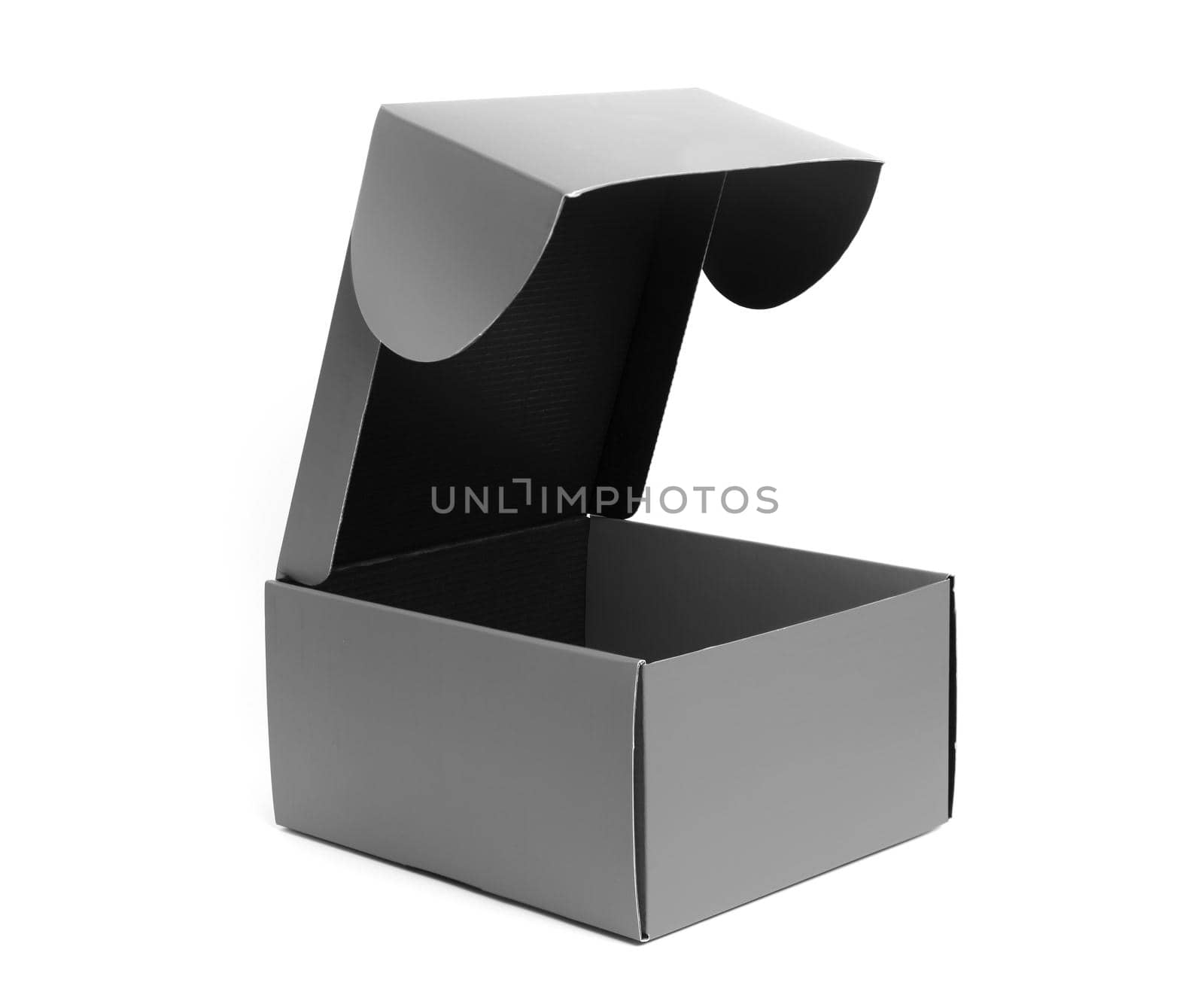 Opened Black cardboard gift box. packaging for shopping and gifts isolated on white background