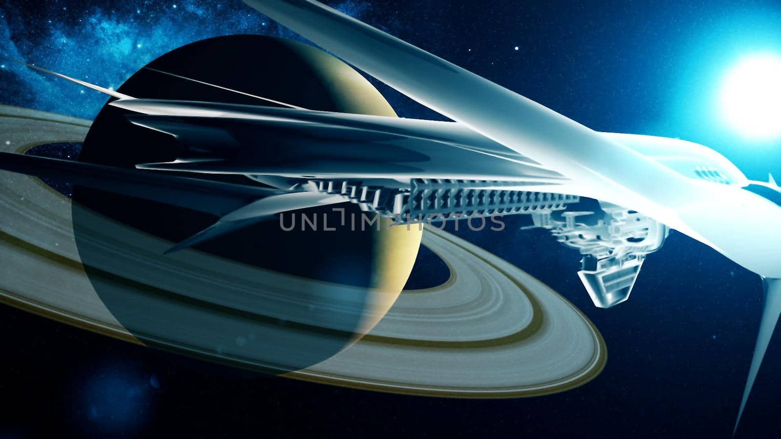 Alien spacecraft flies past Saturn 3D rendering by designprojects