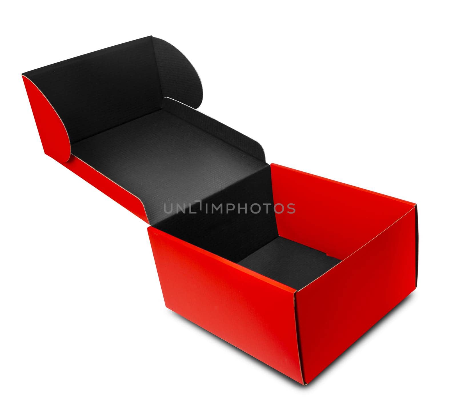 Opened Red cardboard gift box. packaging for shopping and gifts isolated on white background