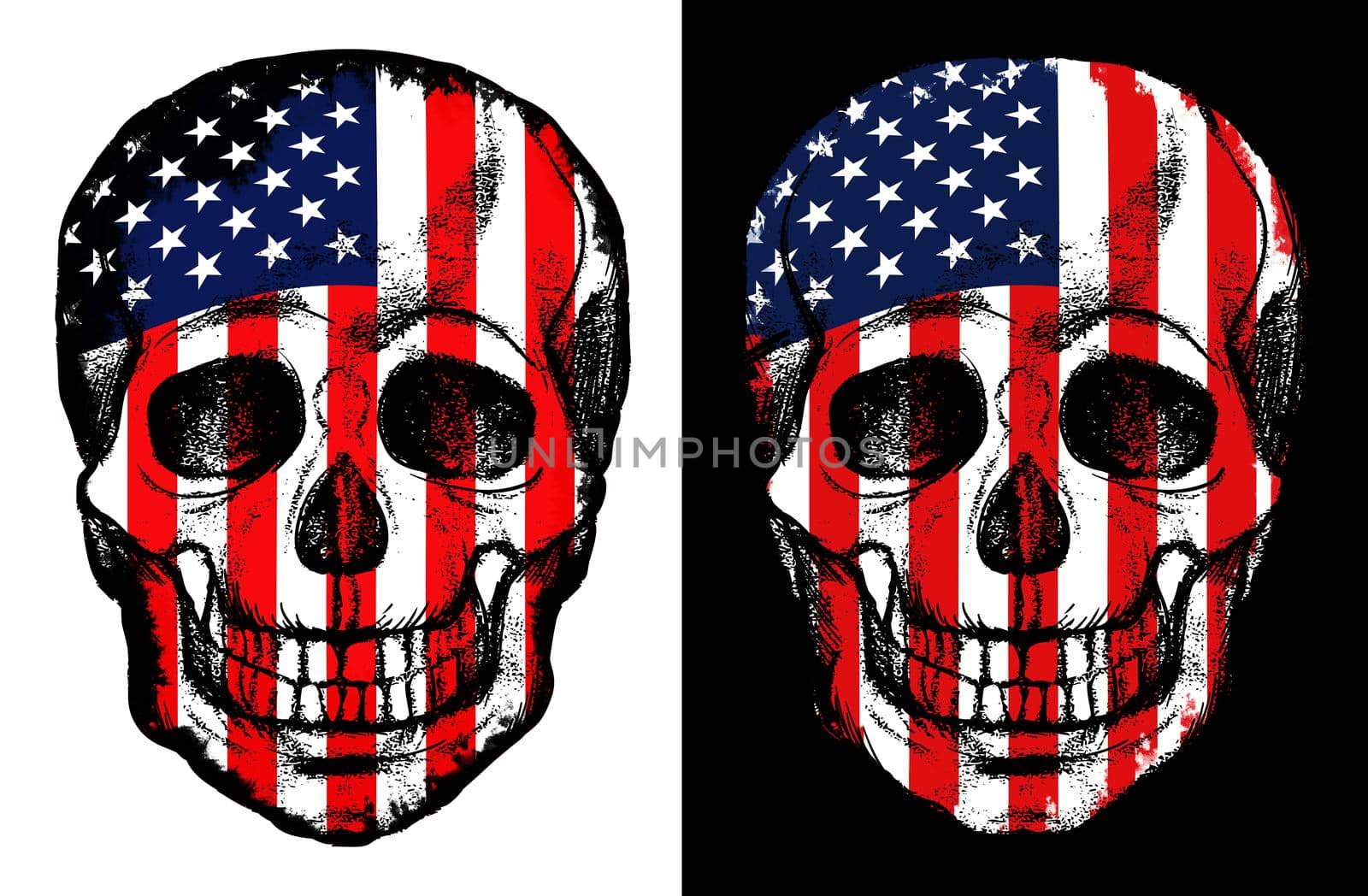 United States Flag Skull illustration on a white and black bacground. With clipping path.