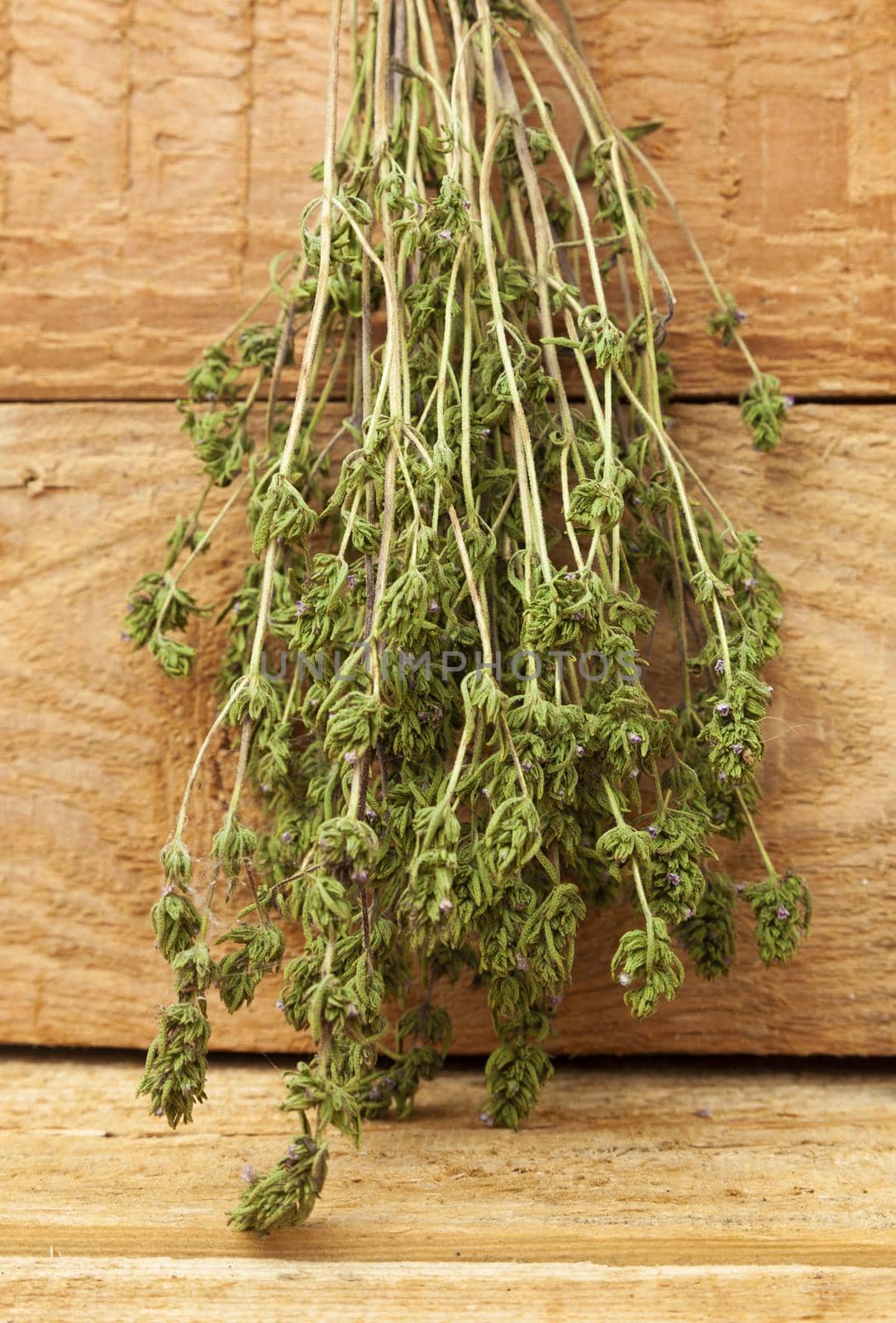 Dry thyme pile on wooden background