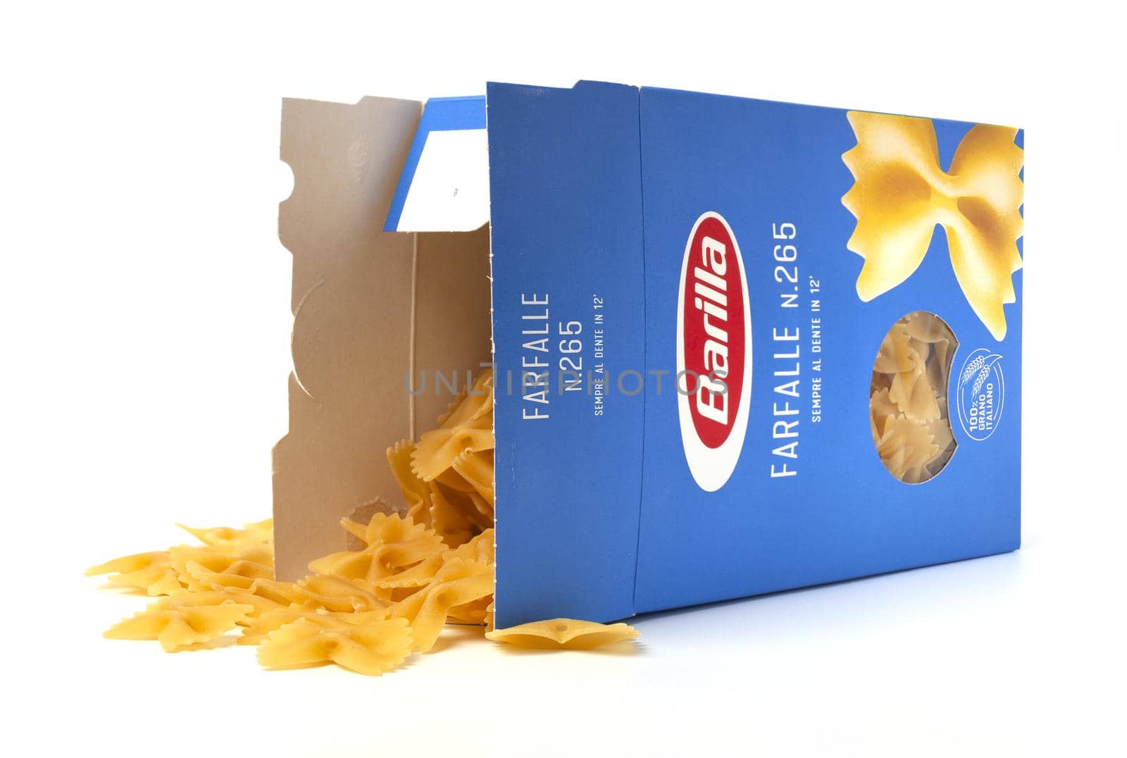 CHISINAU, MOLDOVA - JAugust 22, 2020: Barilla Farfalle Nr 265. Italian pasta in a box isolated on white background. Barilla is an Italian food company, founded in 1877 in Parma, Italy.