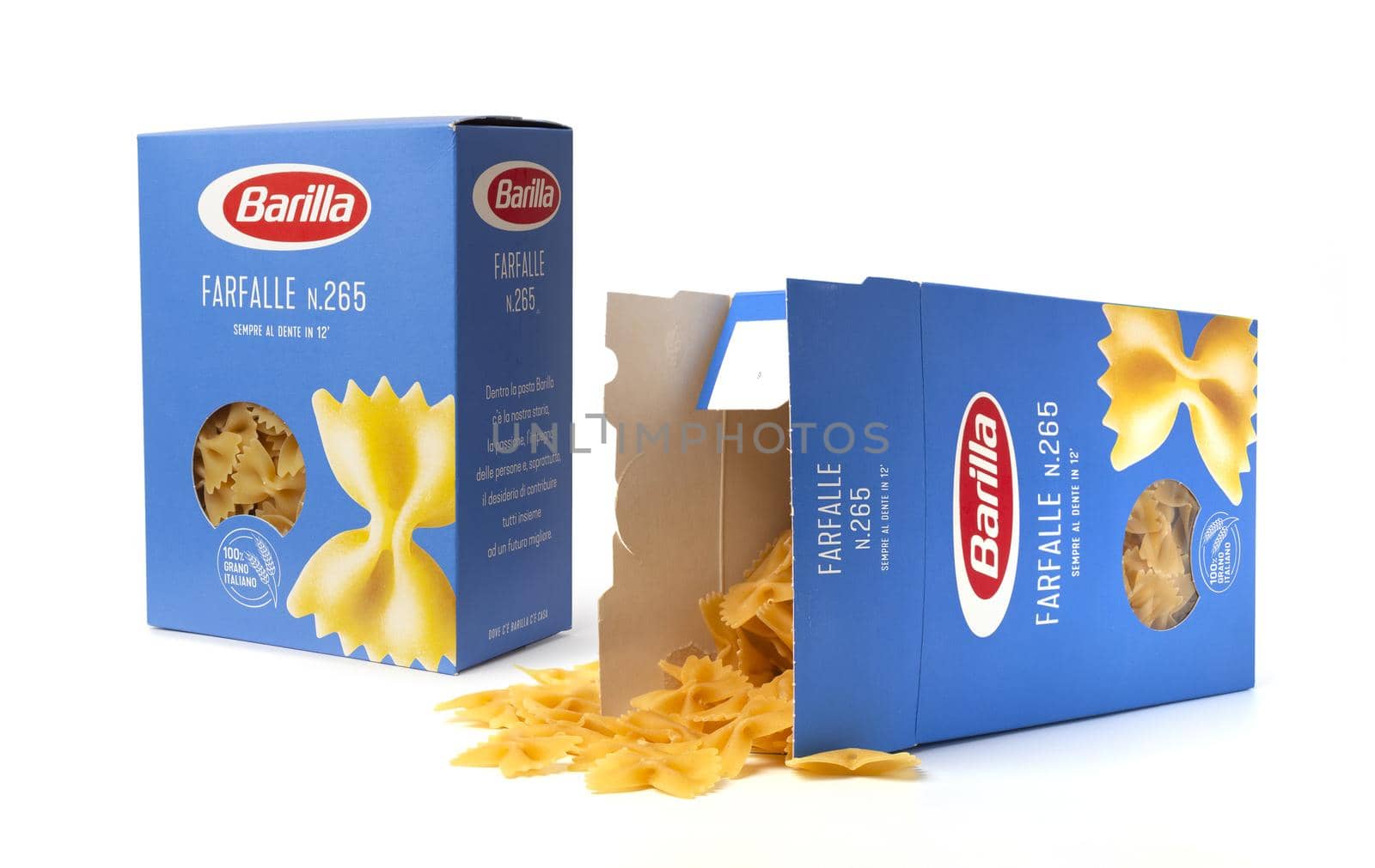 CHISINAU, MOLDOVA - April 1, 2020: Barilla Farfalle Nr 265. Italian pasta in a box isolated on white background. Barilla is an Italian food company, founded in 1877 in Parma, Italy.