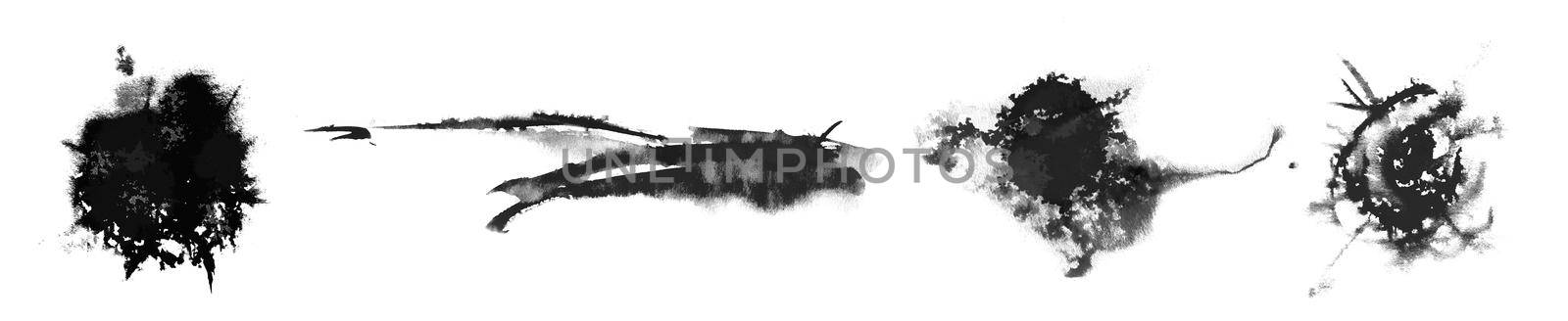 Set of Gray Watercolor brush strokes. Compilation of significant grain and abstract dark bit mapped graphics. Graphic arts are raster. Grunge shape for Business background presentation and advertising.