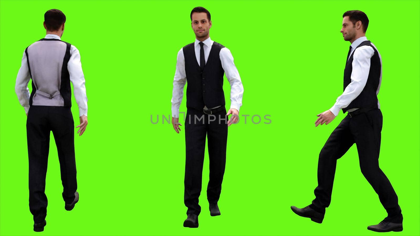 Young businessman walking on a green screen background.