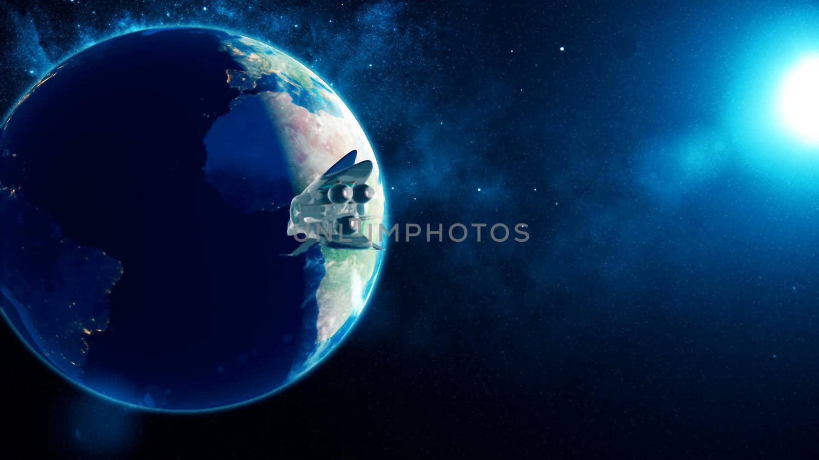 Alien spacecraft flies past Earth 3D rendering by designprojects