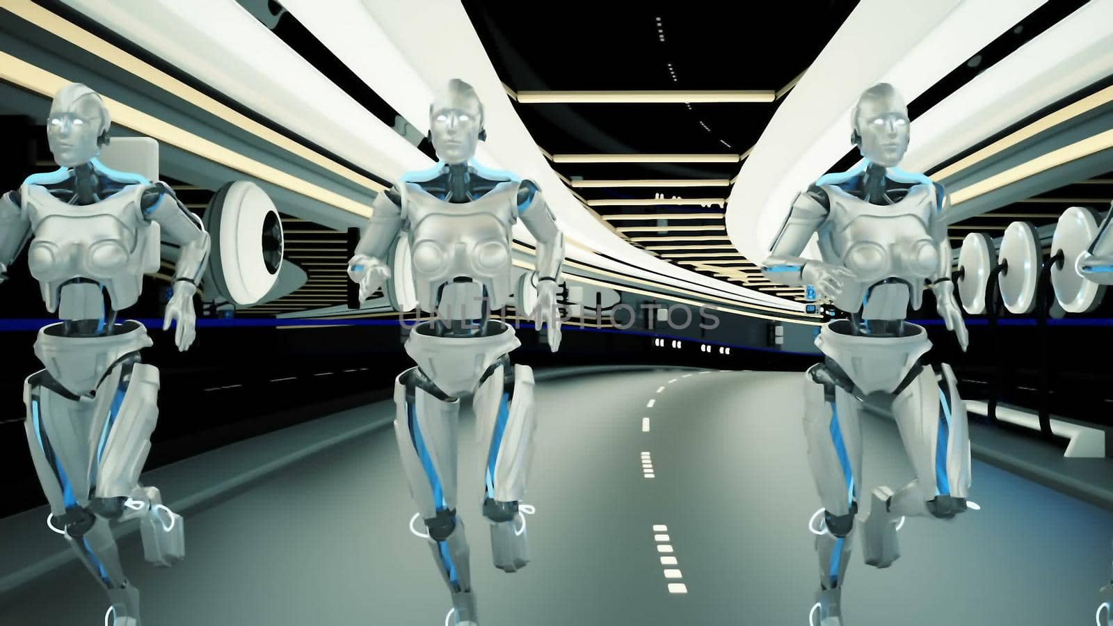 A futuristic humanoid robots, running through a sci-fi tunnel.. 3D rendering by designprojects