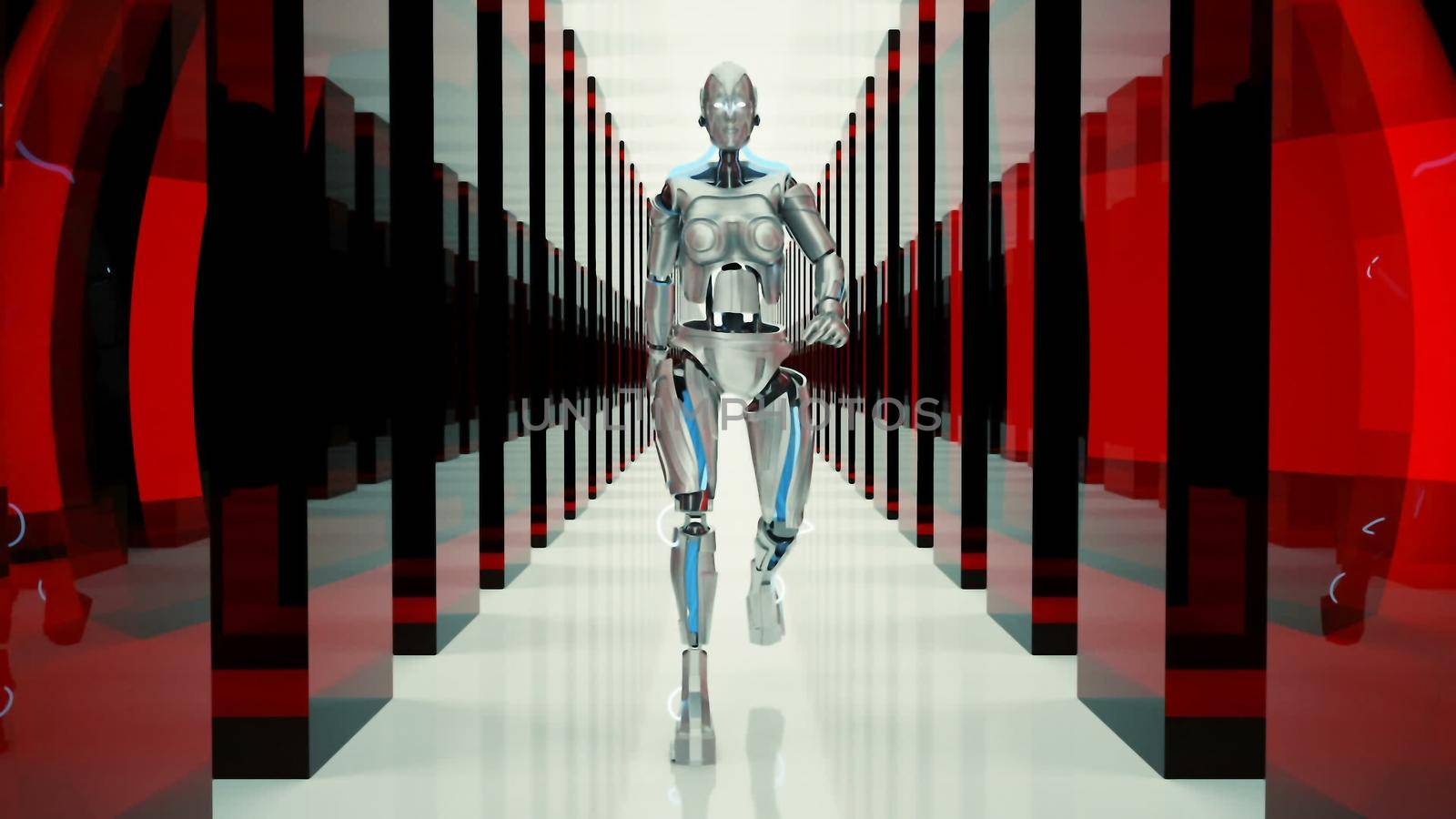 A futuristic humanoid robot, walking through a fantastic tunnel