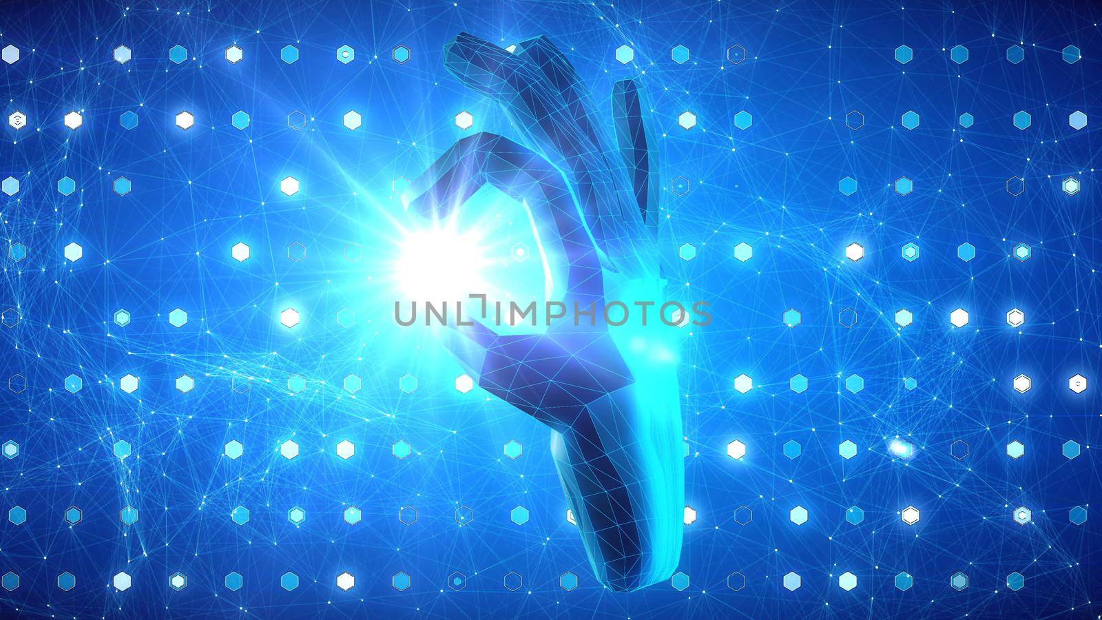 Cyber hand holding a star. 3D rendering by designprojects