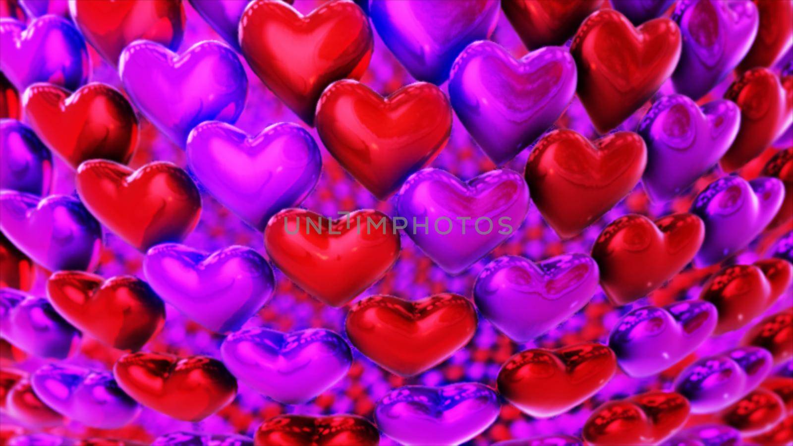 Valentine background with red and purple hearts. 3D rendering
