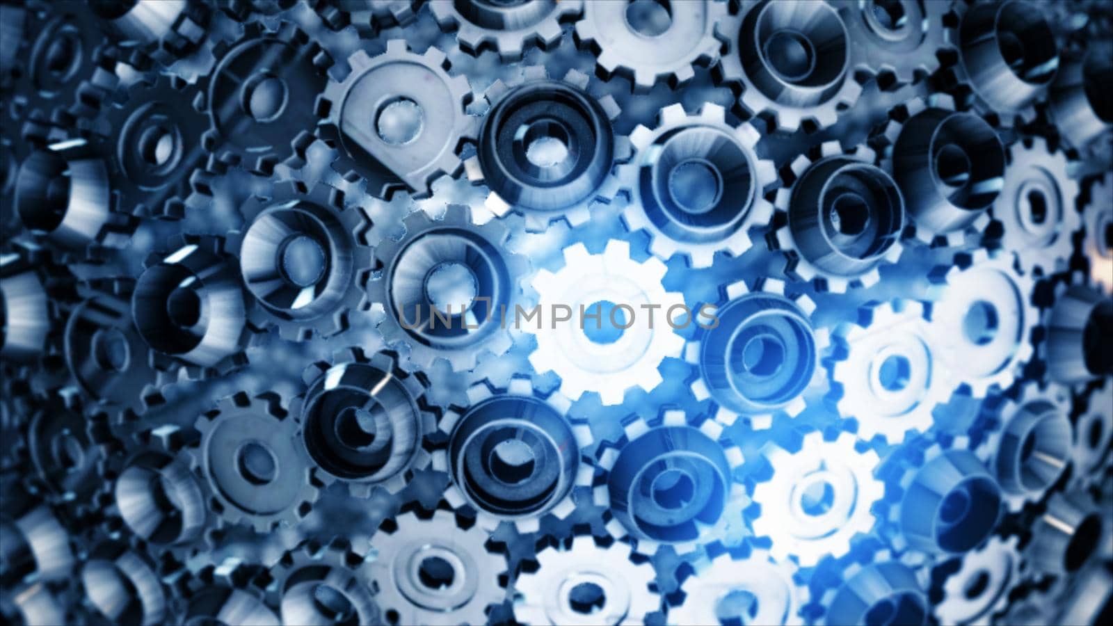 Engine gear wheels in blue tones. 3D rendering