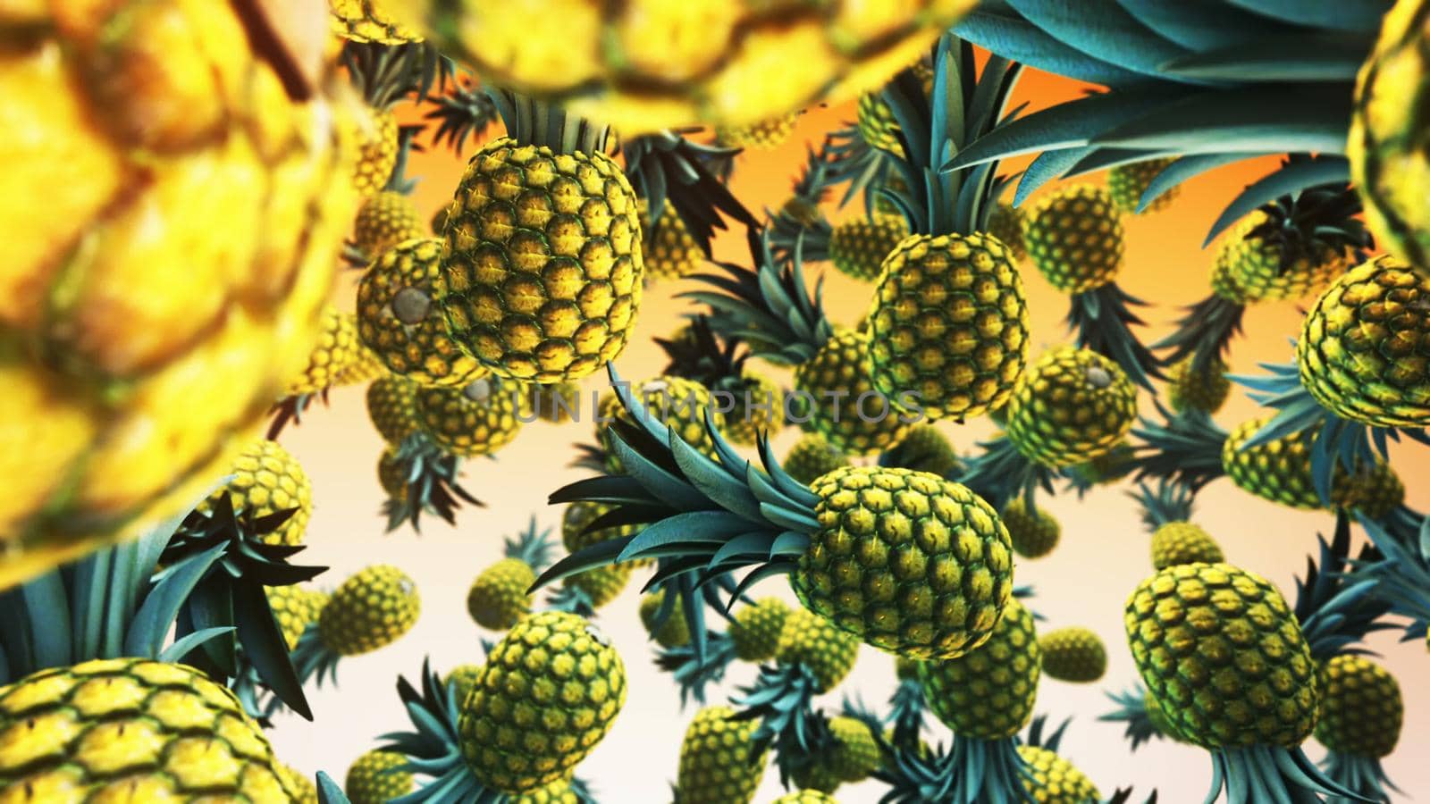 Falling fresh ananas on green background. 3D rendering by designprojects