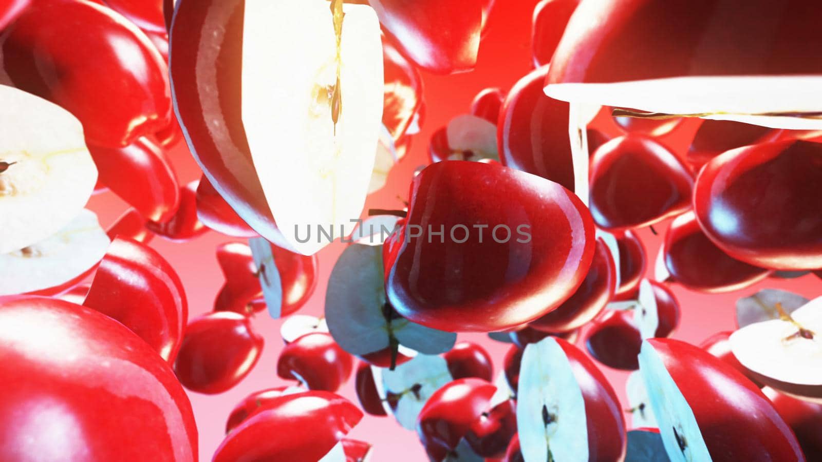Falling red apples on pink background.. 3D rendering by designprojects