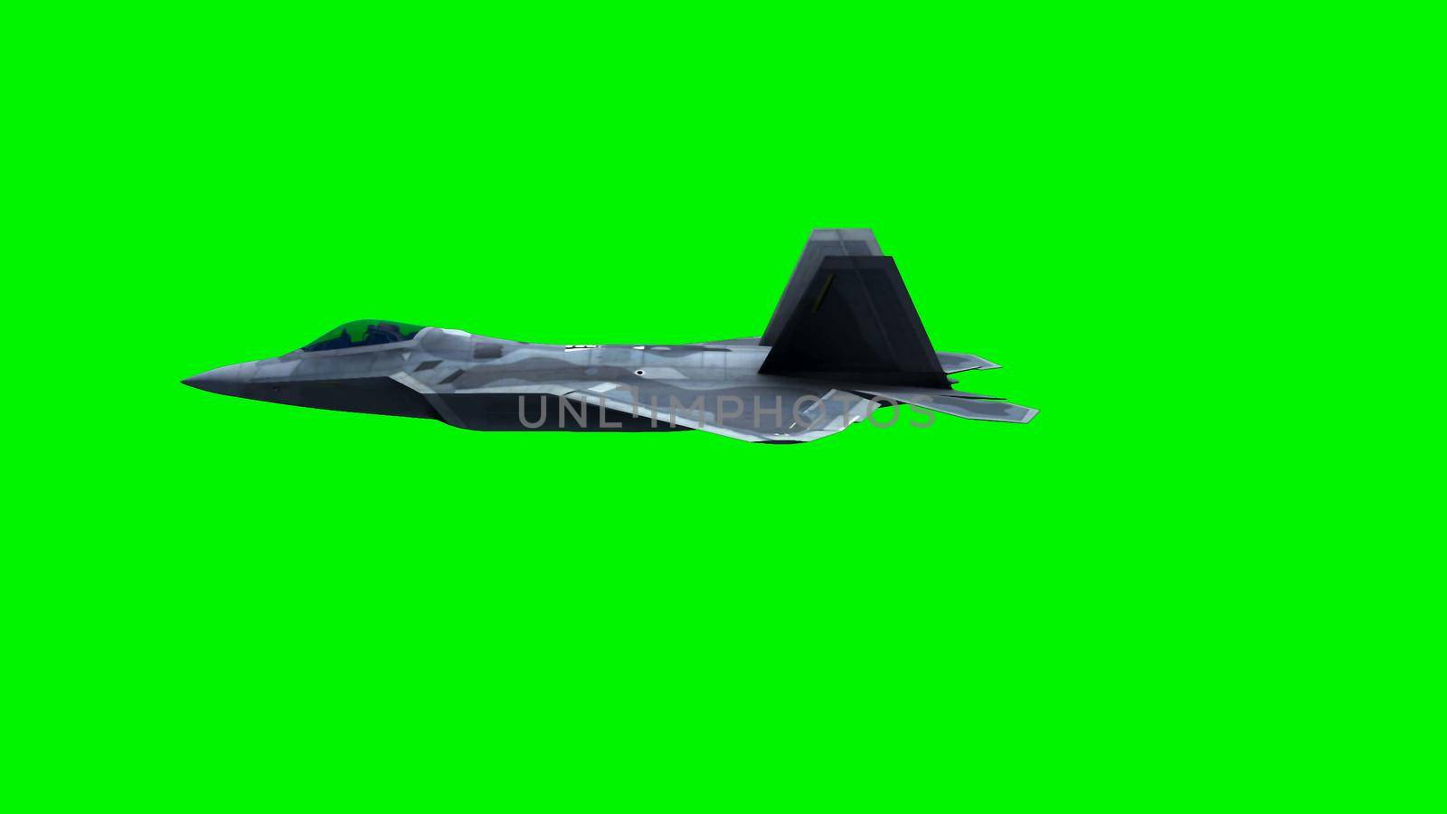 F-22 Fighter Jet, flying over city on green screen. 3D rendering by designprojects