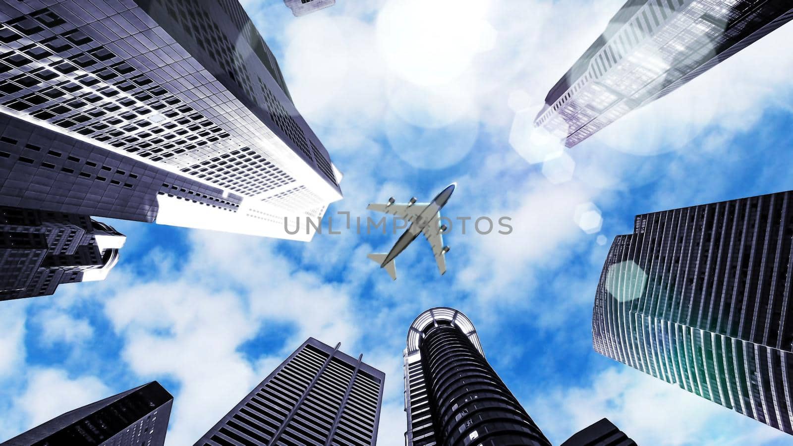 Airplane flying over city. 3D rendering by designprojects