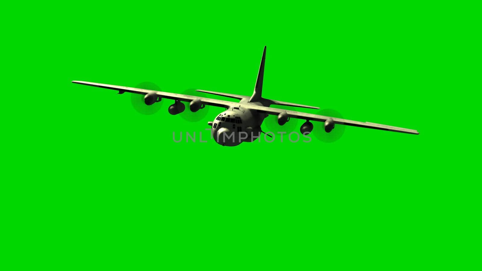 Lockheed military transport aircraft in flight on green screen. 3D rendering by designprojects