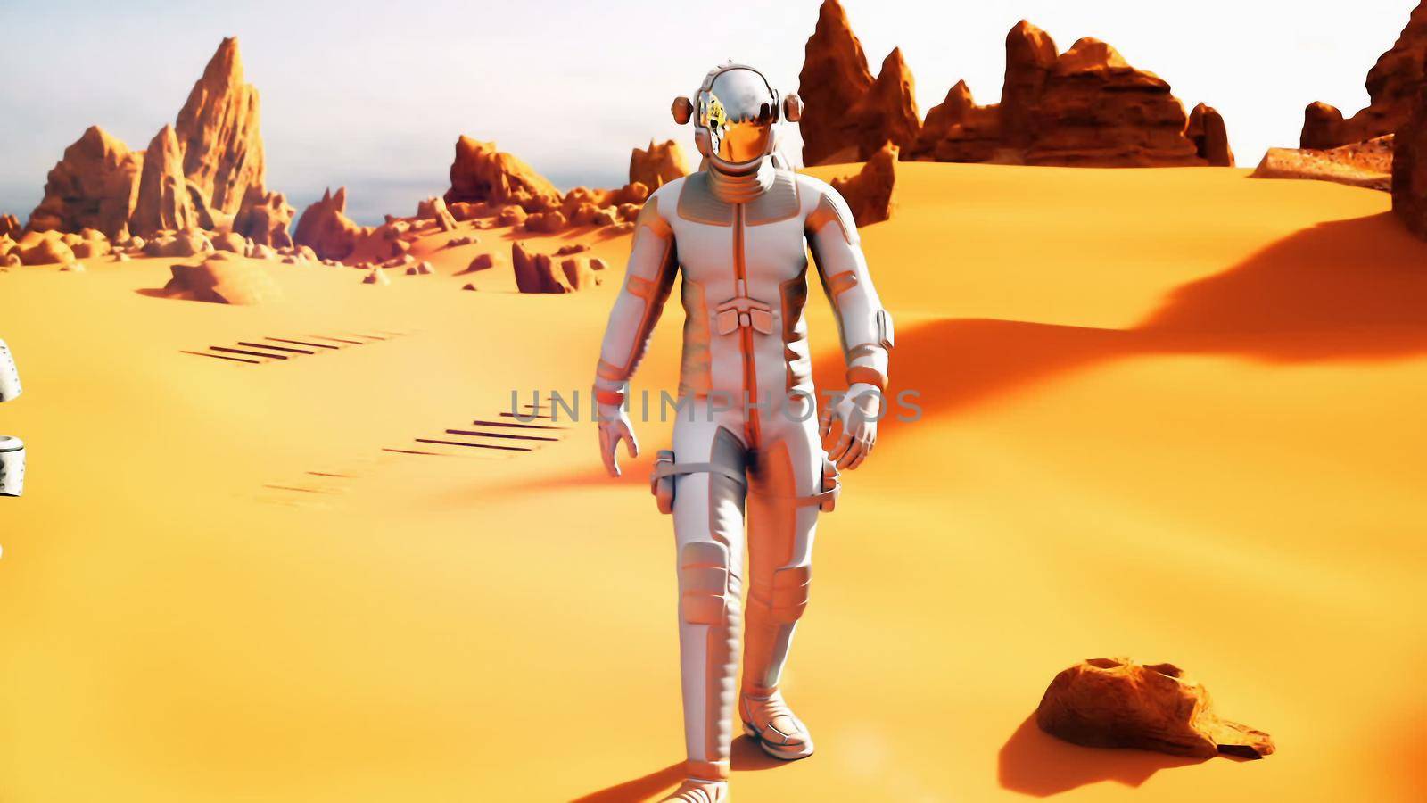 Astronaut on the Mars returns to his mars Rover after the exploration of planet.. 3D rendering by designprojects