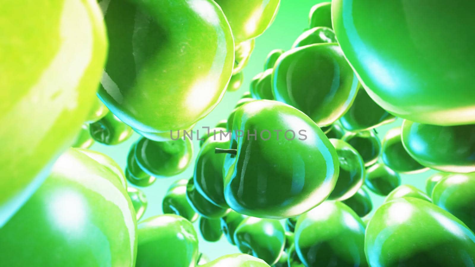 Falling fresh green apple on green background. 3D rendering by designprojects