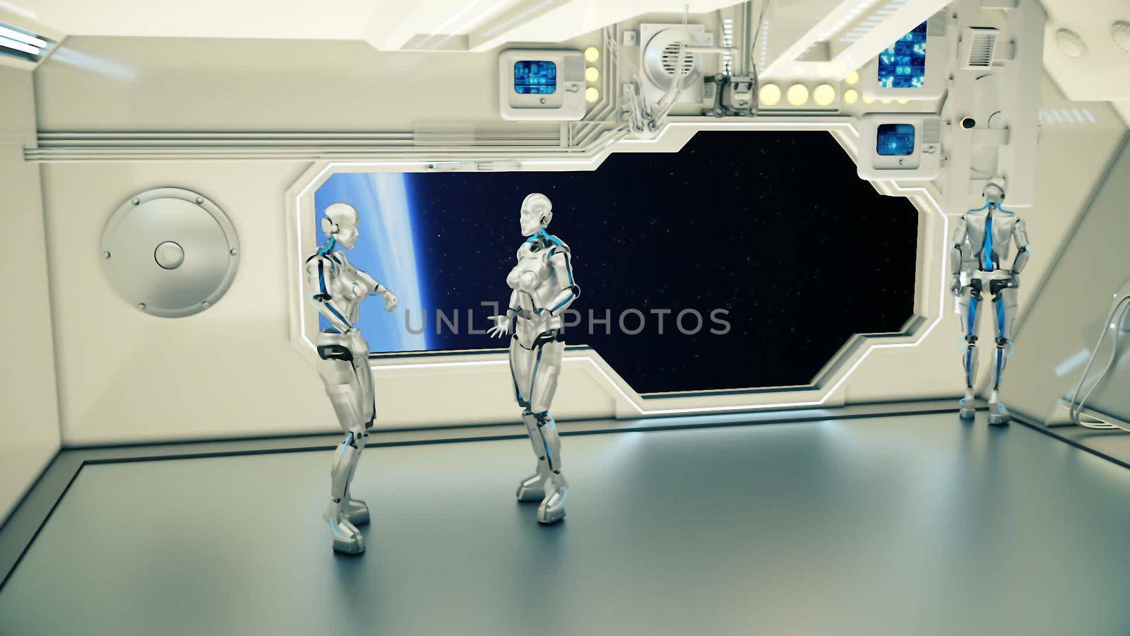 Androids on a spaceship arguing on background planet Earth.. 3D rendering by designprojects