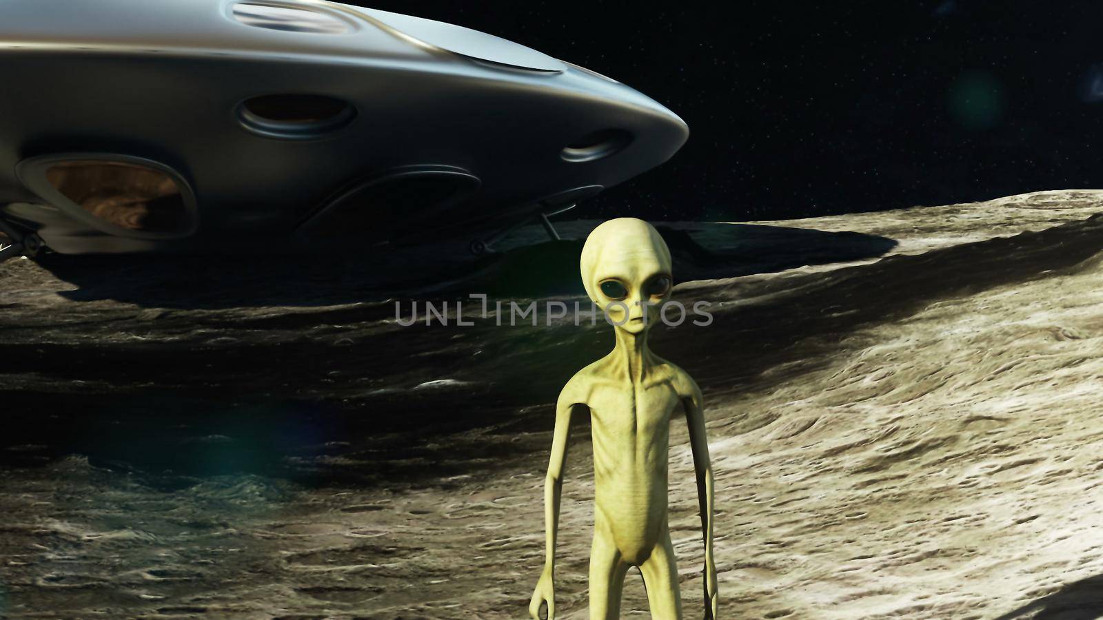 An alien on the moon next to his spaceship watching the Earth. A futuristic concept of a UFO.