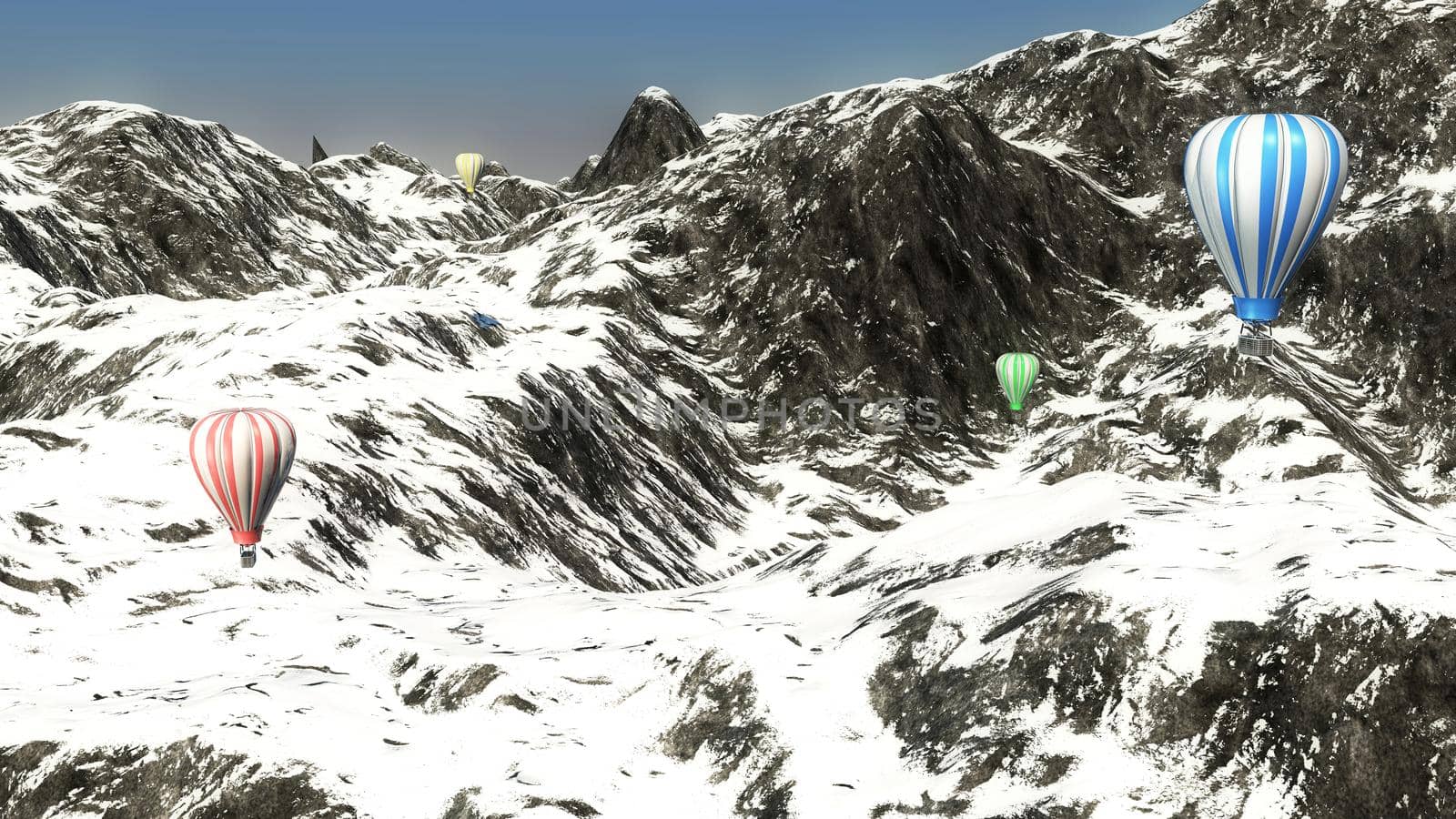 Hot Air Colorful Balloons in Mountains. 3D rendering by designprojects