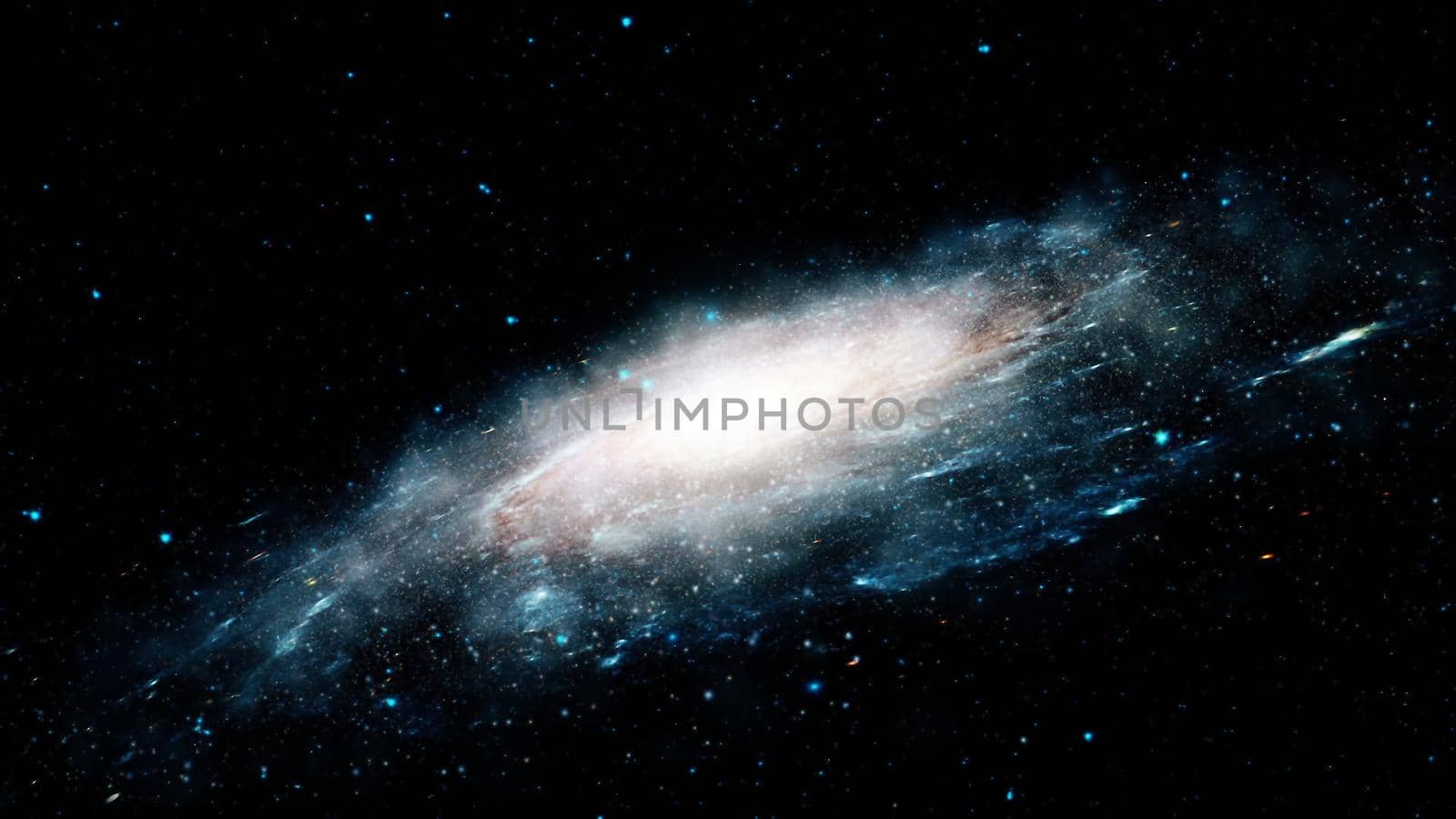 Flight near a rotating spiral galaxy. 3D rendering by designprojects