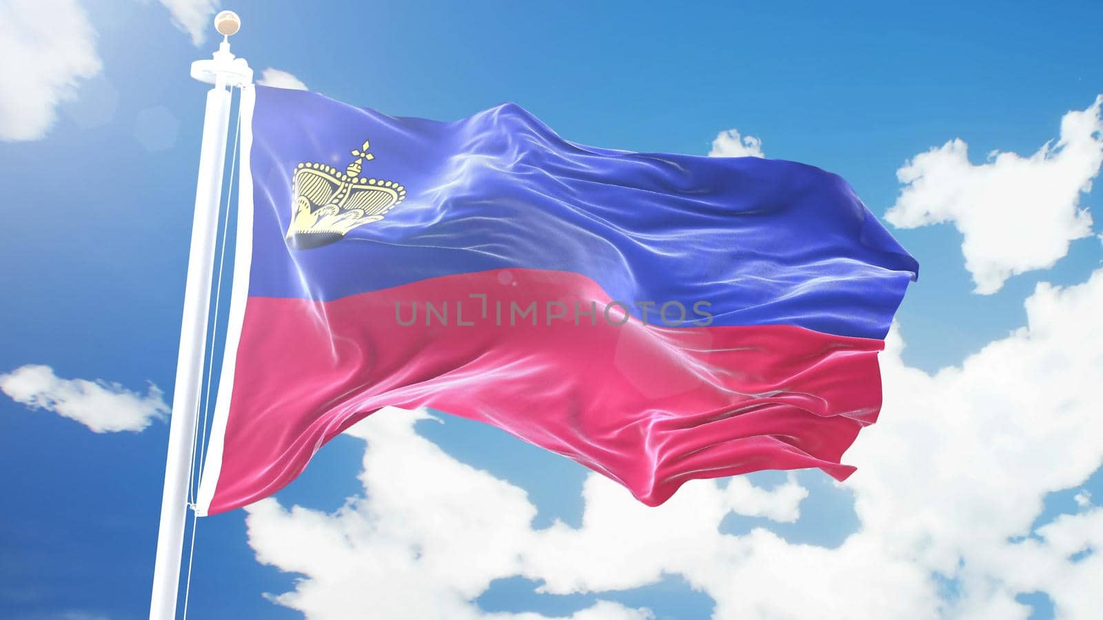 Realistic flag of Liechtenstein waving against time-lapse clouds background.