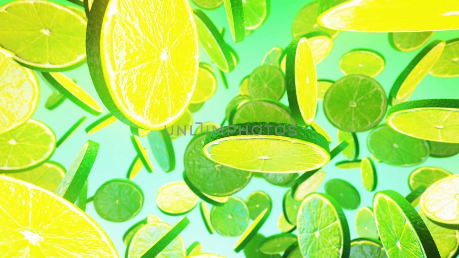 Falling fresh lime on green background.