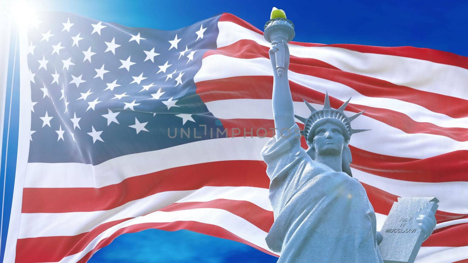 Flag of usa waving on rising sun on the background of blue sky. 3D rendering by designprojects