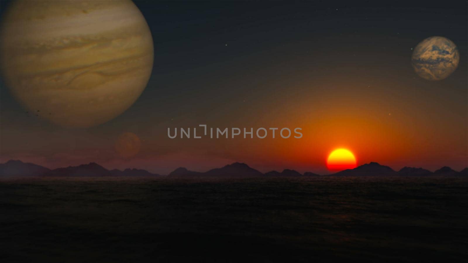 Sunset on an alien planet. 3D rendering by designprojects