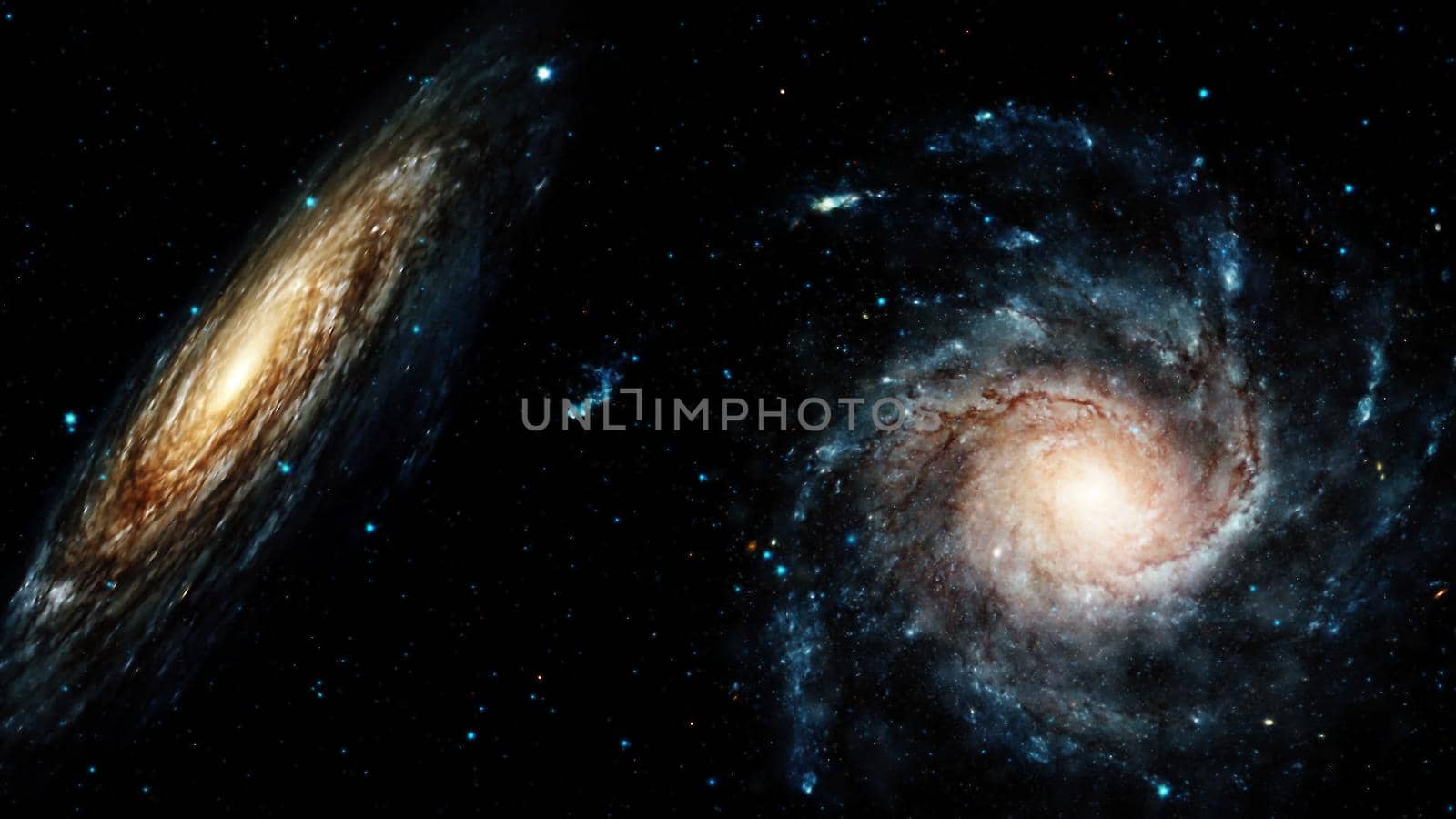 Flight near a rotating spiral galaxy. 3D rendering by designprojects