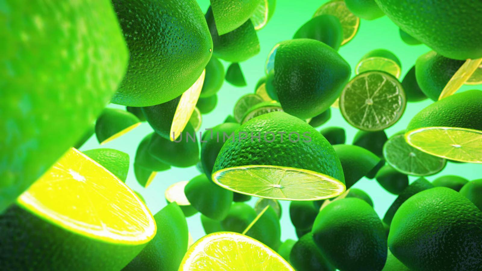 fresh lime on green background 3D rendering by designprojects