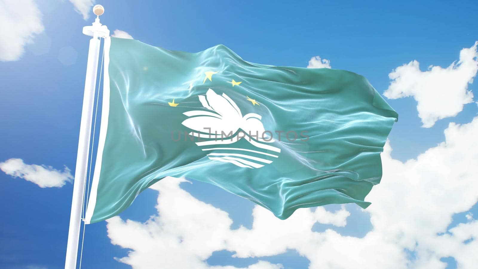 Realistic flag of Macau waving against time-lapse clouds background.