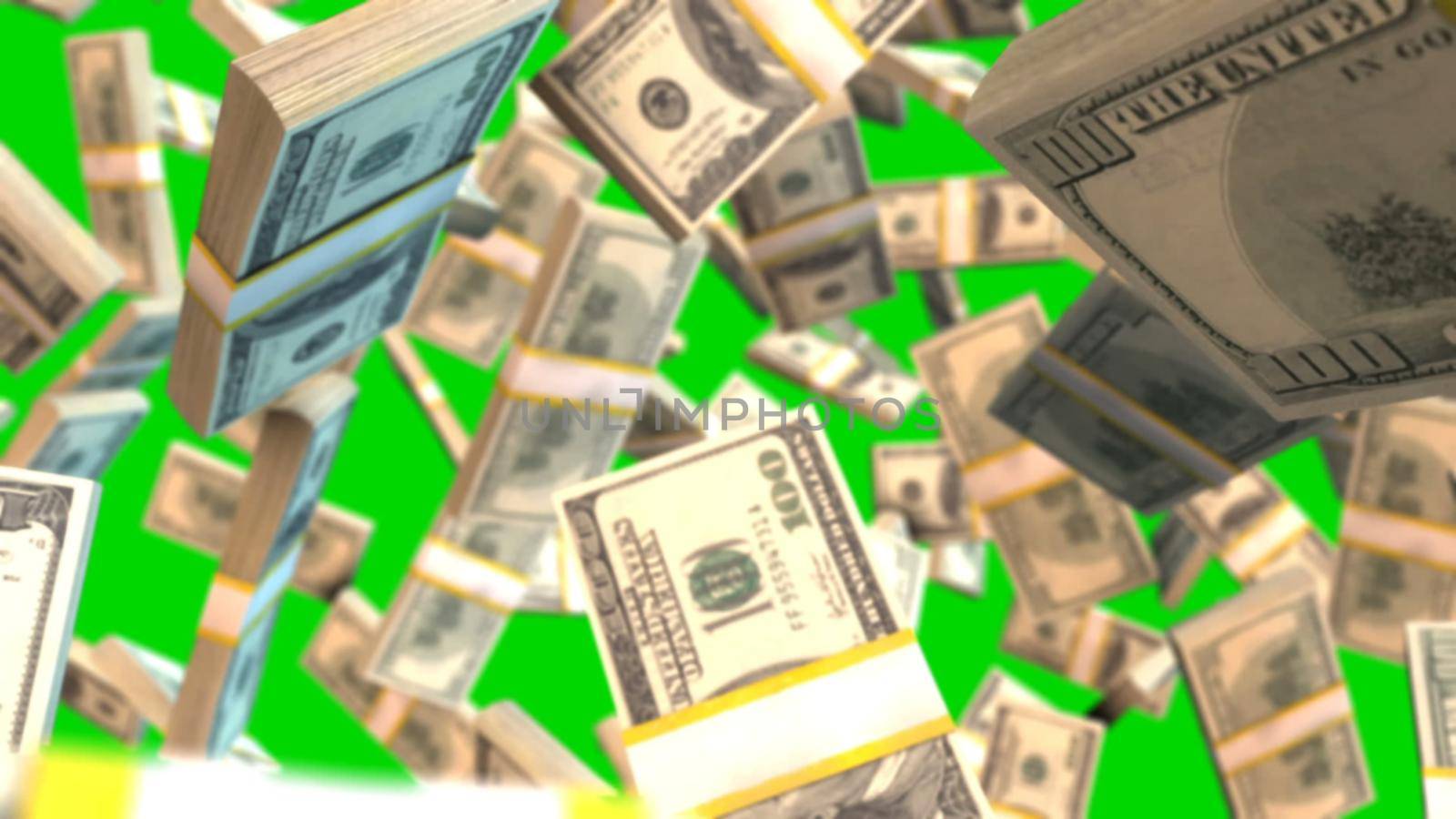 Falling dollar bills on green creen 3D rendering by designprojects