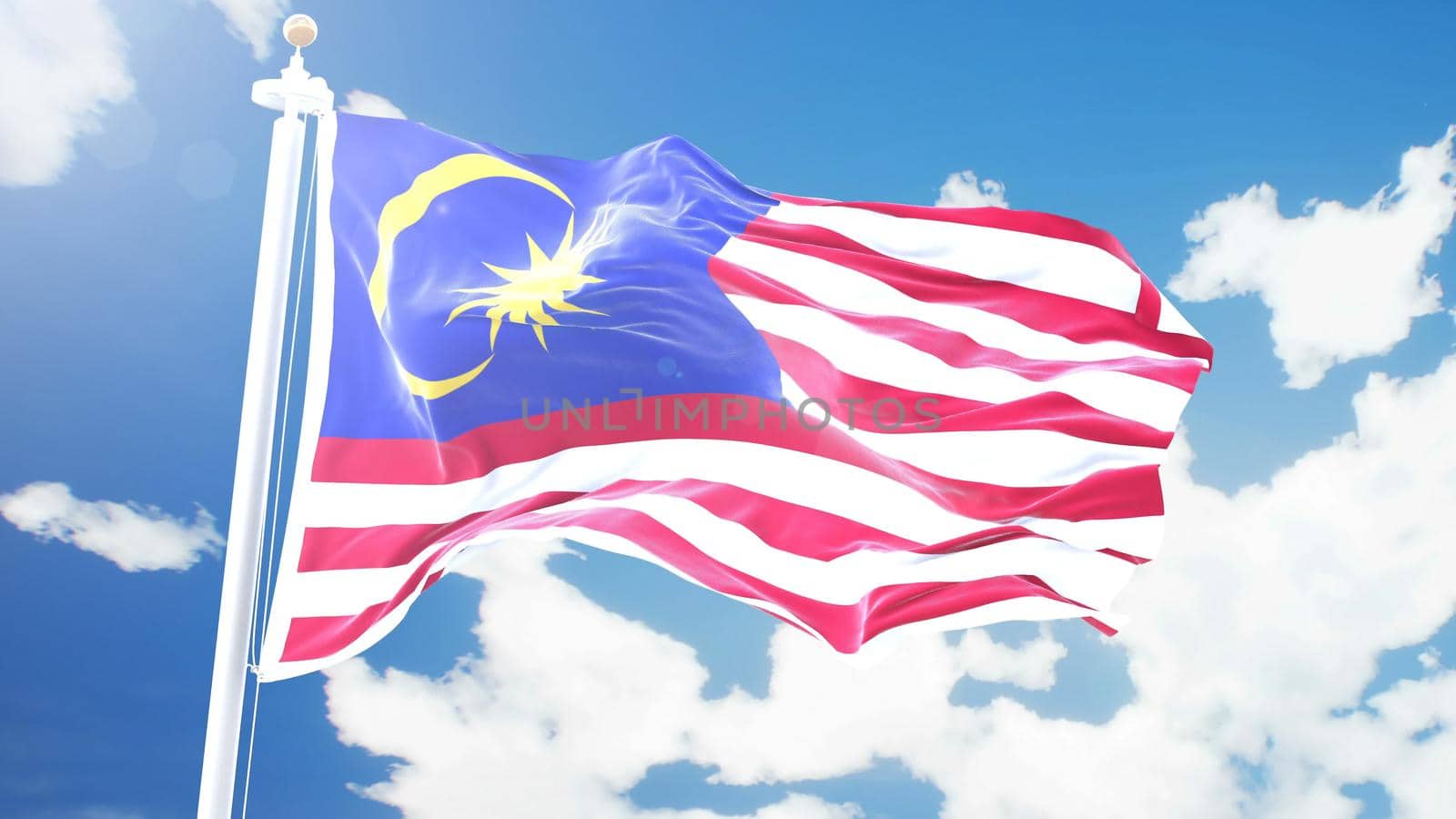 Realistic flag of Malaysia waving against time-lapse clouds background.