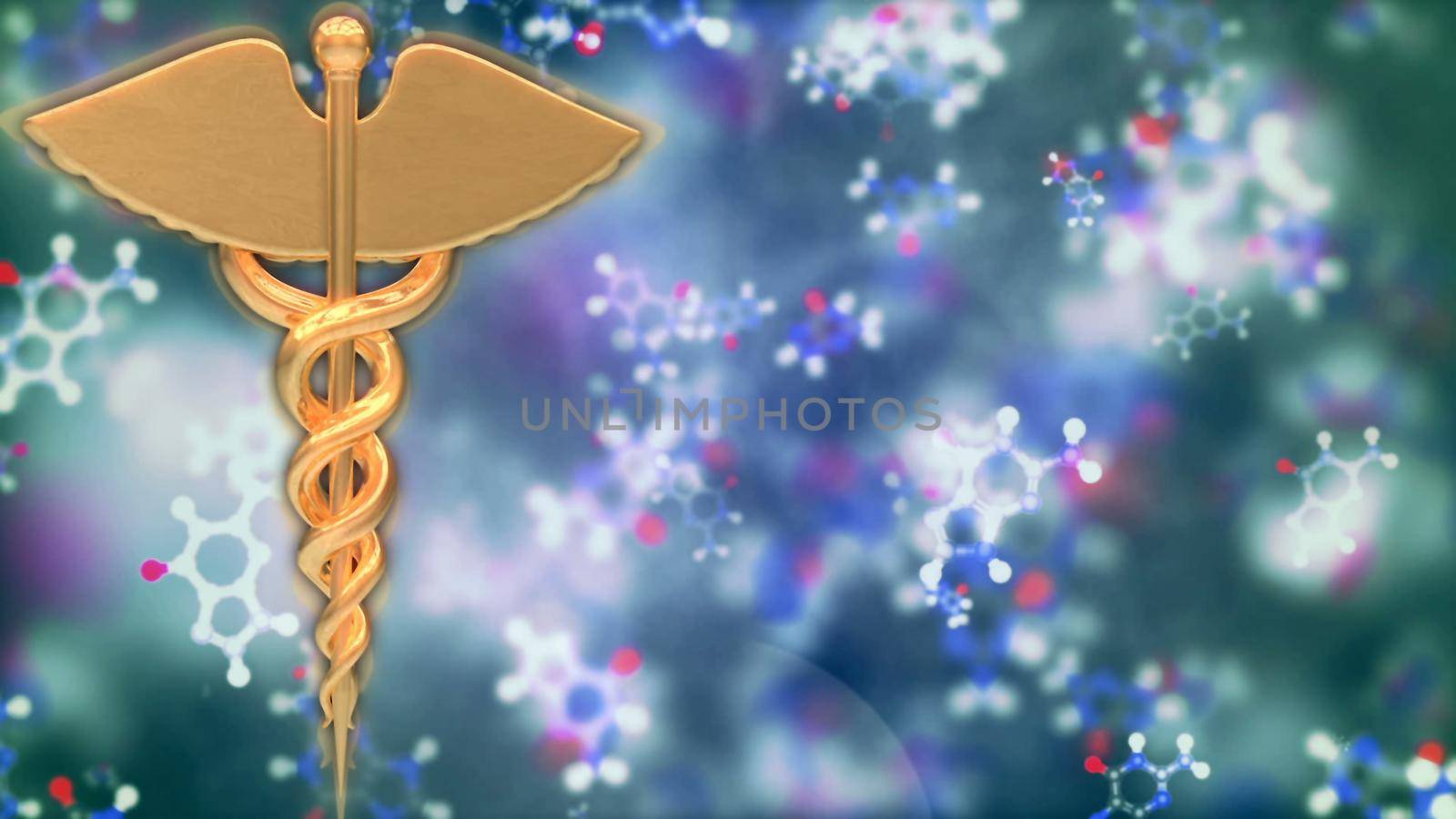 Abstract Background with rotating caduceus and flying molecule
