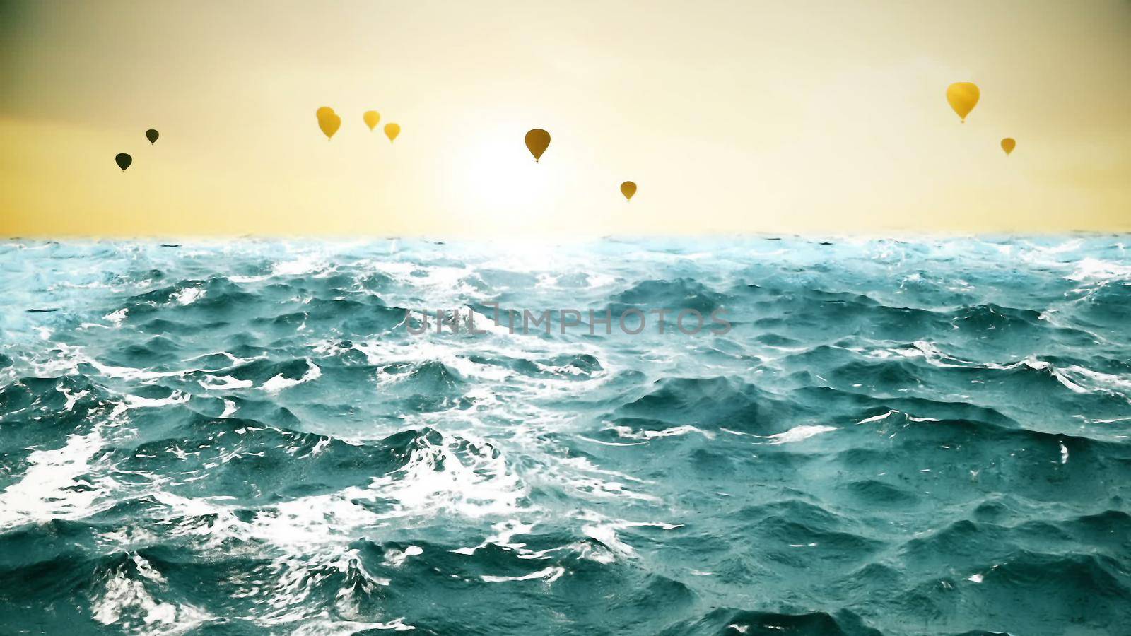 ocean waves with beautiful air balloons on the background.