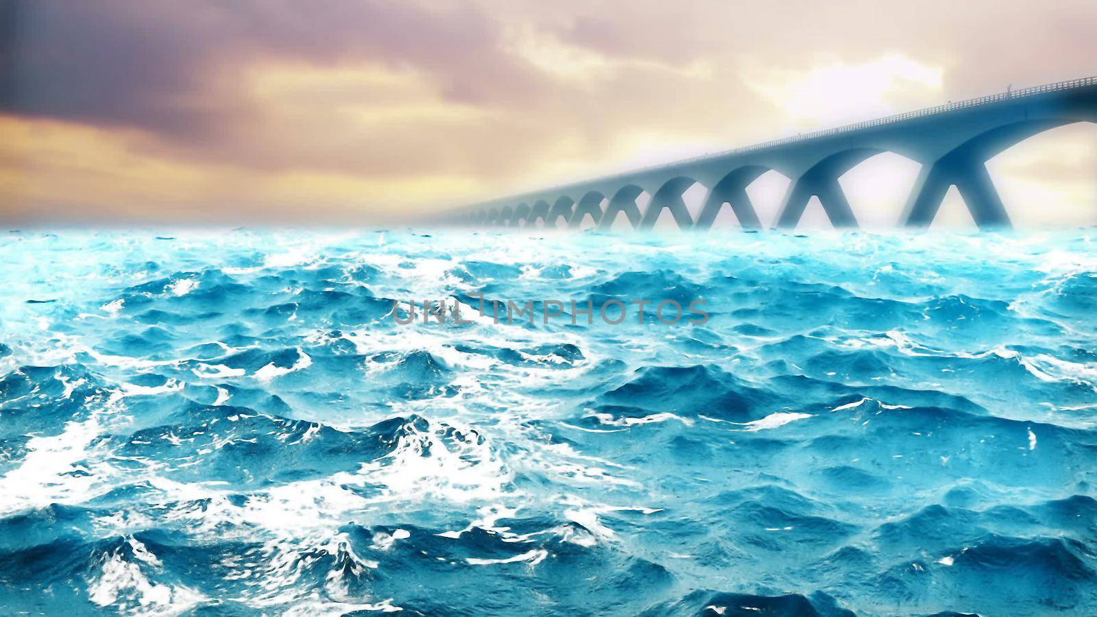 ocean waves with bridge on the background. 3D rendering by designprojects