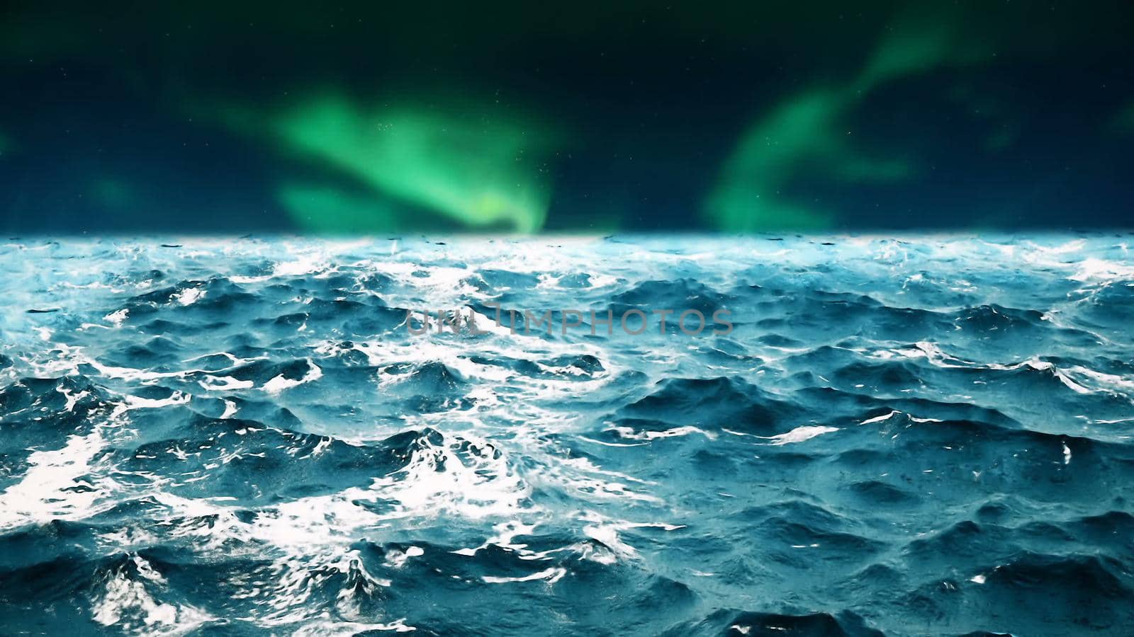 ocean waves with beautiful northern lights on the background.