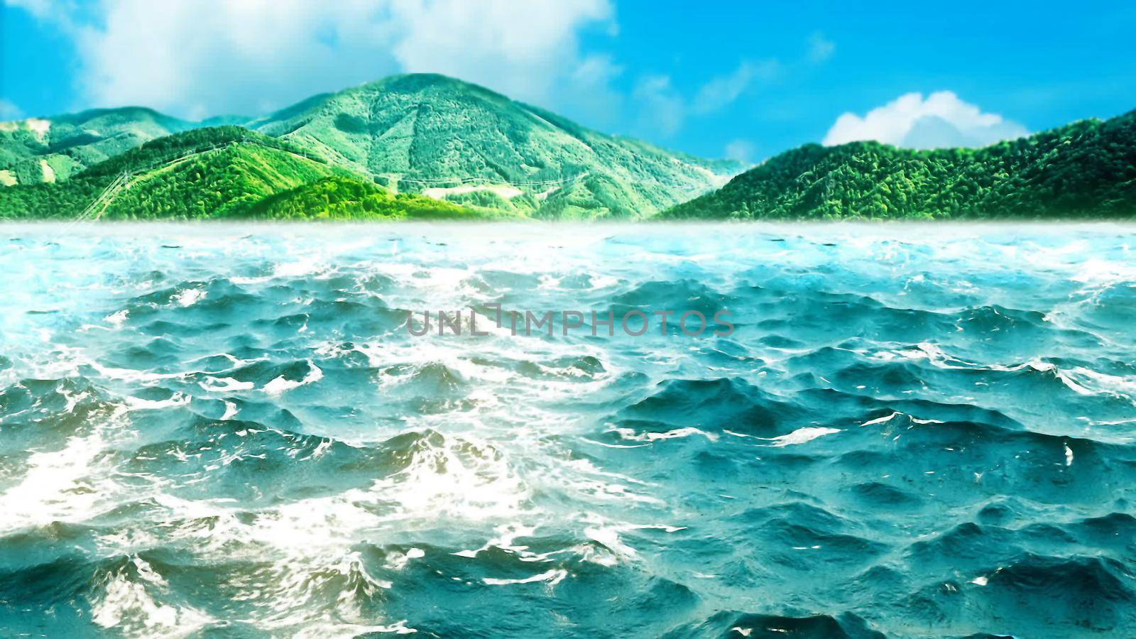 ocean waves with beautiful green mountains on the background.