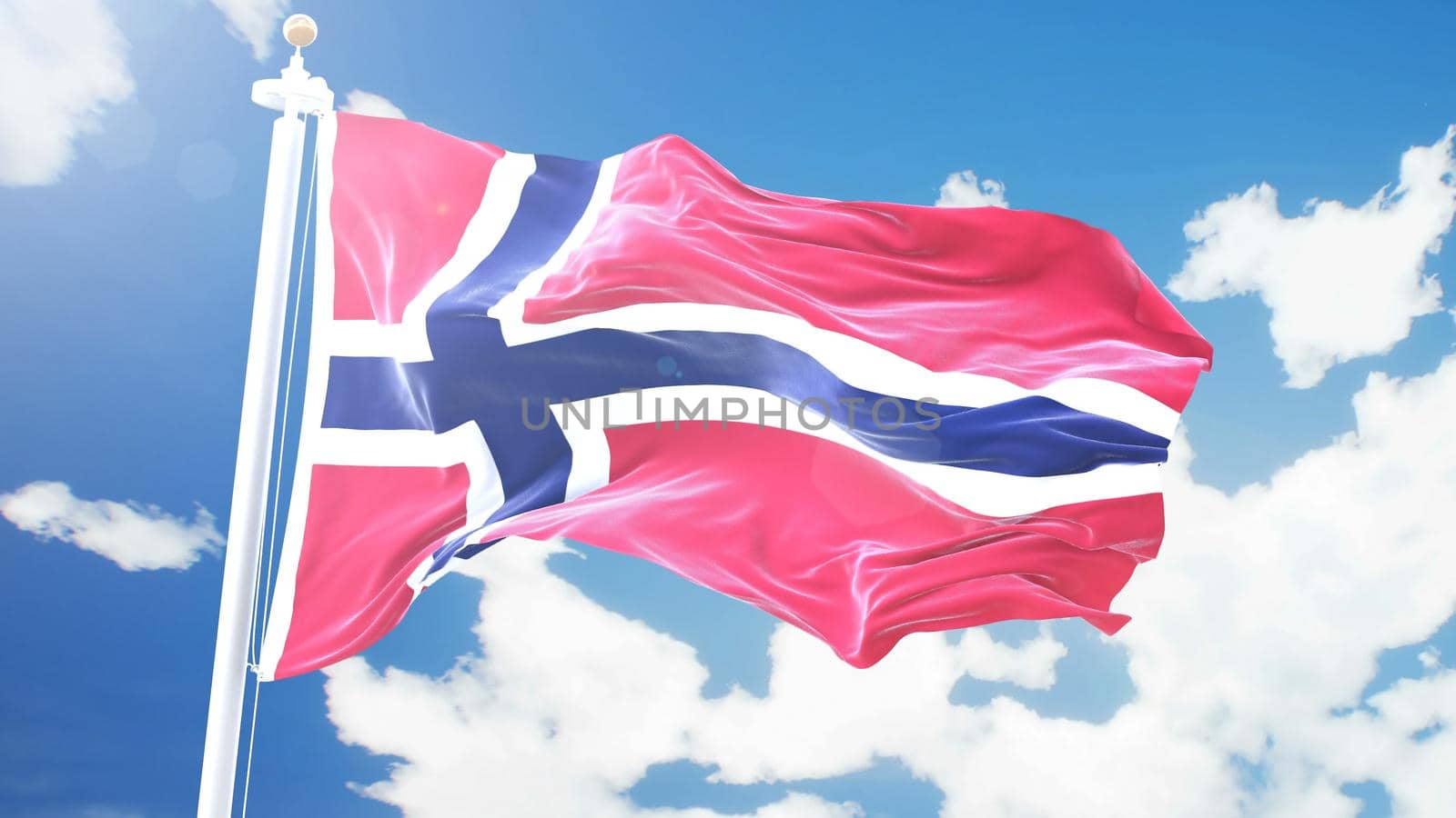 flag of Norway waving against time-lapse clouds background. 3D rendering by designprojects