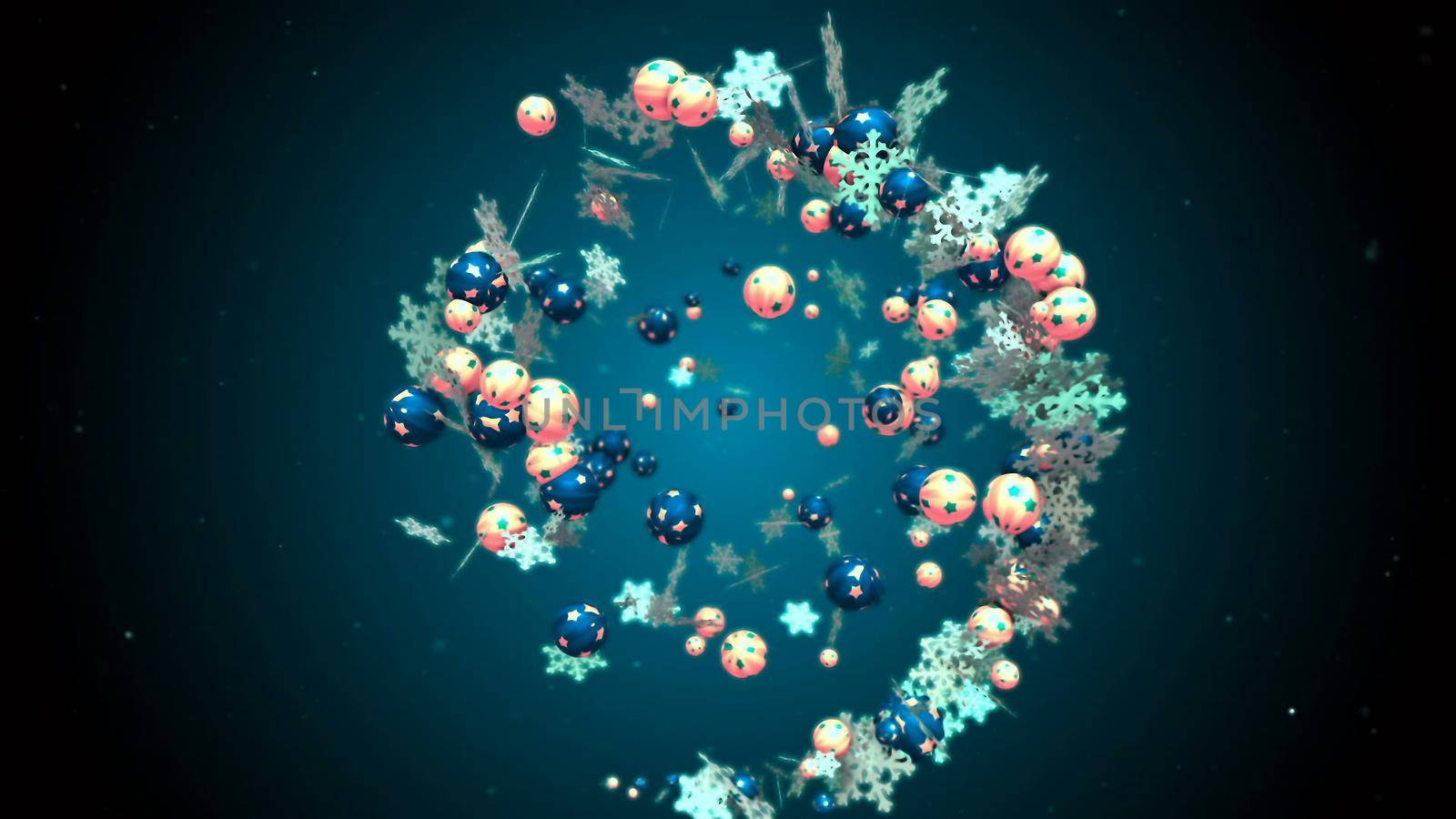 christmas and new year romantic background with flying xmas balls 3D rendering by designprojects