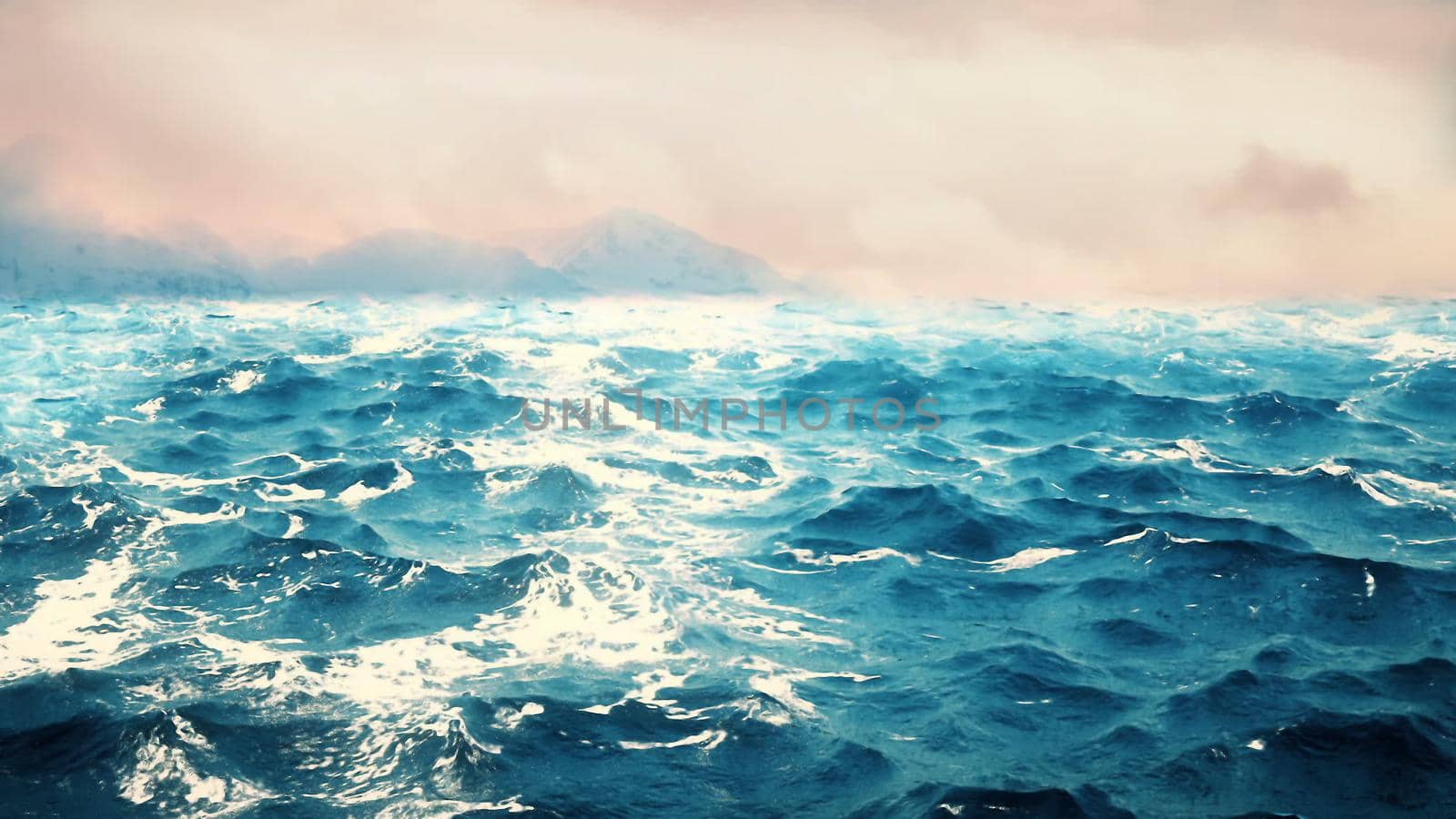 ocean waves with mountains on the background. 3D rendering by designprojects