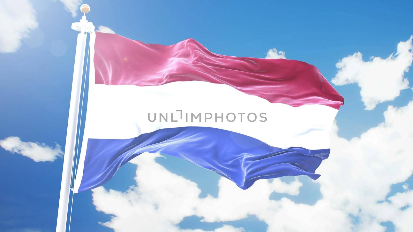 flag of Netherlands waving against time-lapse clouds background. 3D rendering by designprojects