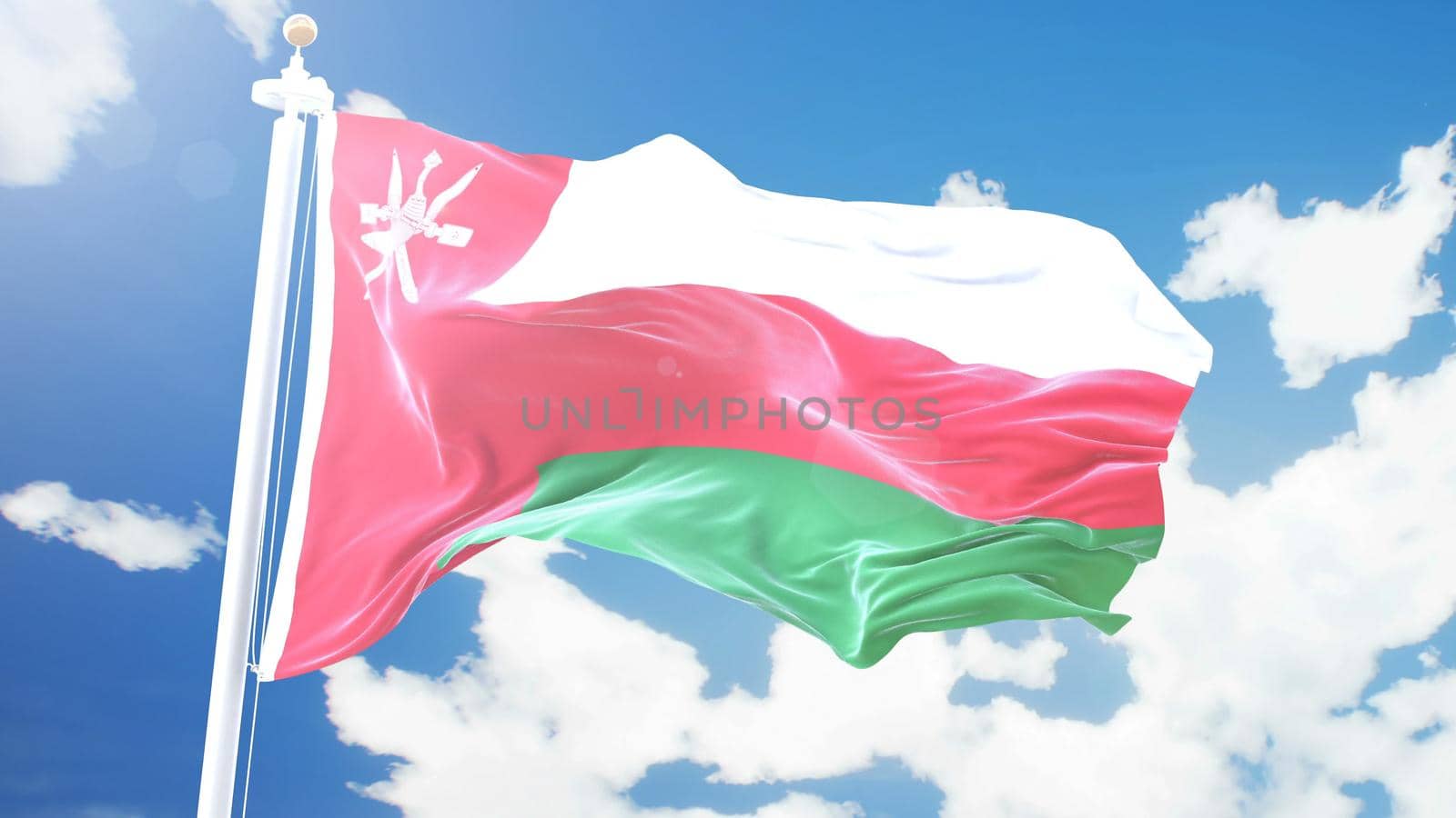 flag of Oman waving against time-lapse clouds background. 3D rendering by designprojects