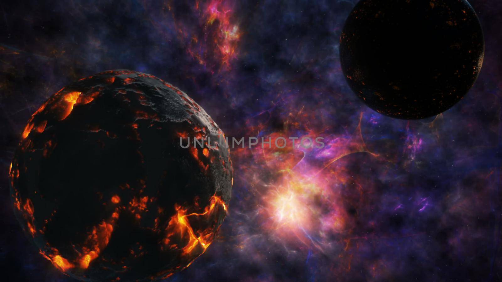 The collision of two planets on the backdrop of the universe 3D rendering by designprojects