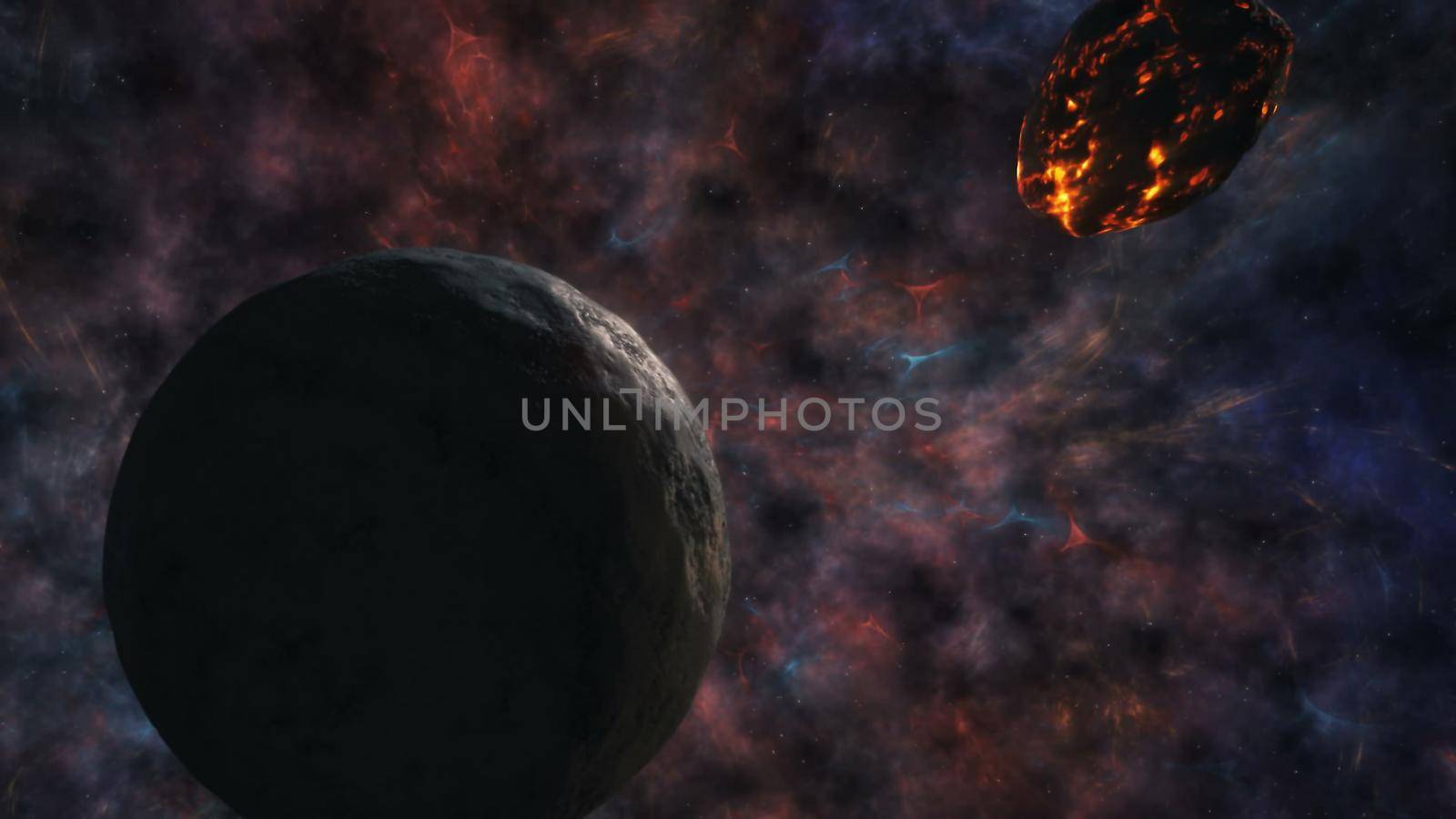 Clash of the planets and of the asteroid on the backdrop of the Universe 3D rendering by designprojects