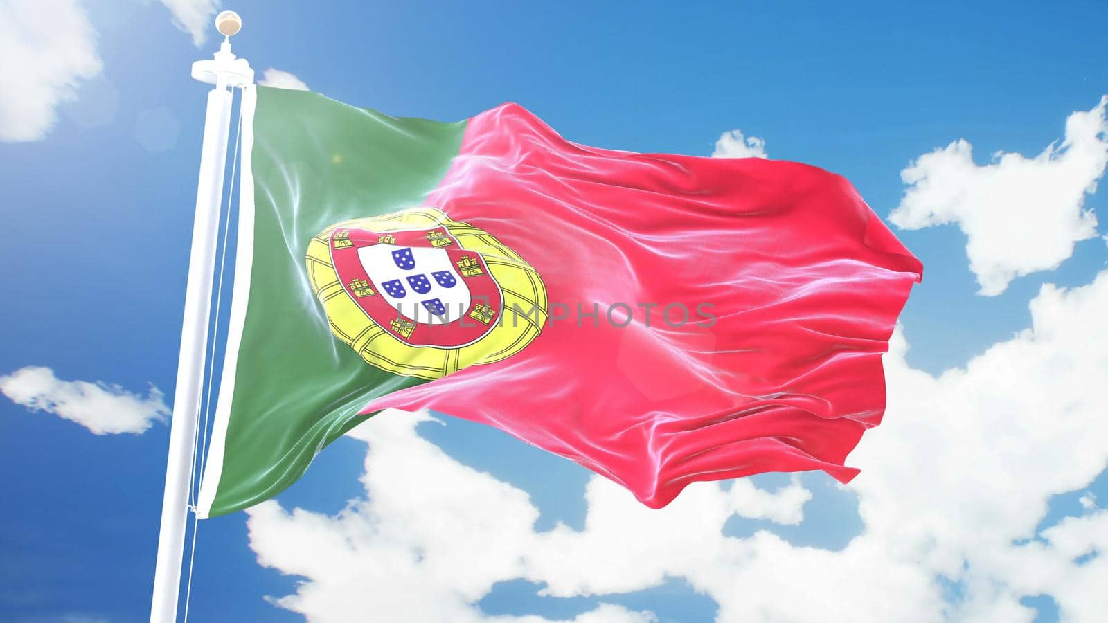 Realistic flag of Portugal waving against time-lapse clouds background.